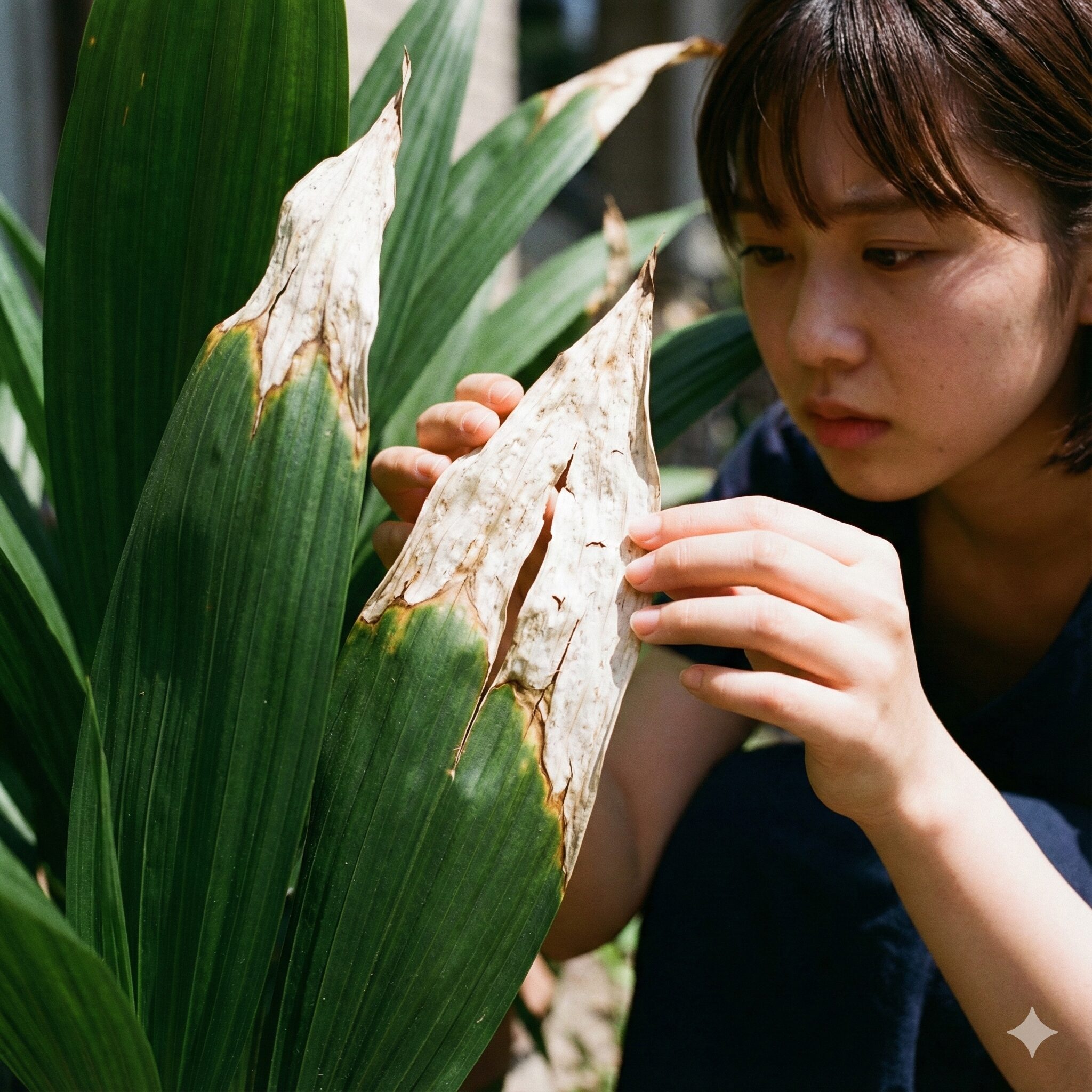 紫蘭 増えすぎ5　直射日光（西日）の影響で葉焼けを起こした紫蘭（シラン）の葉