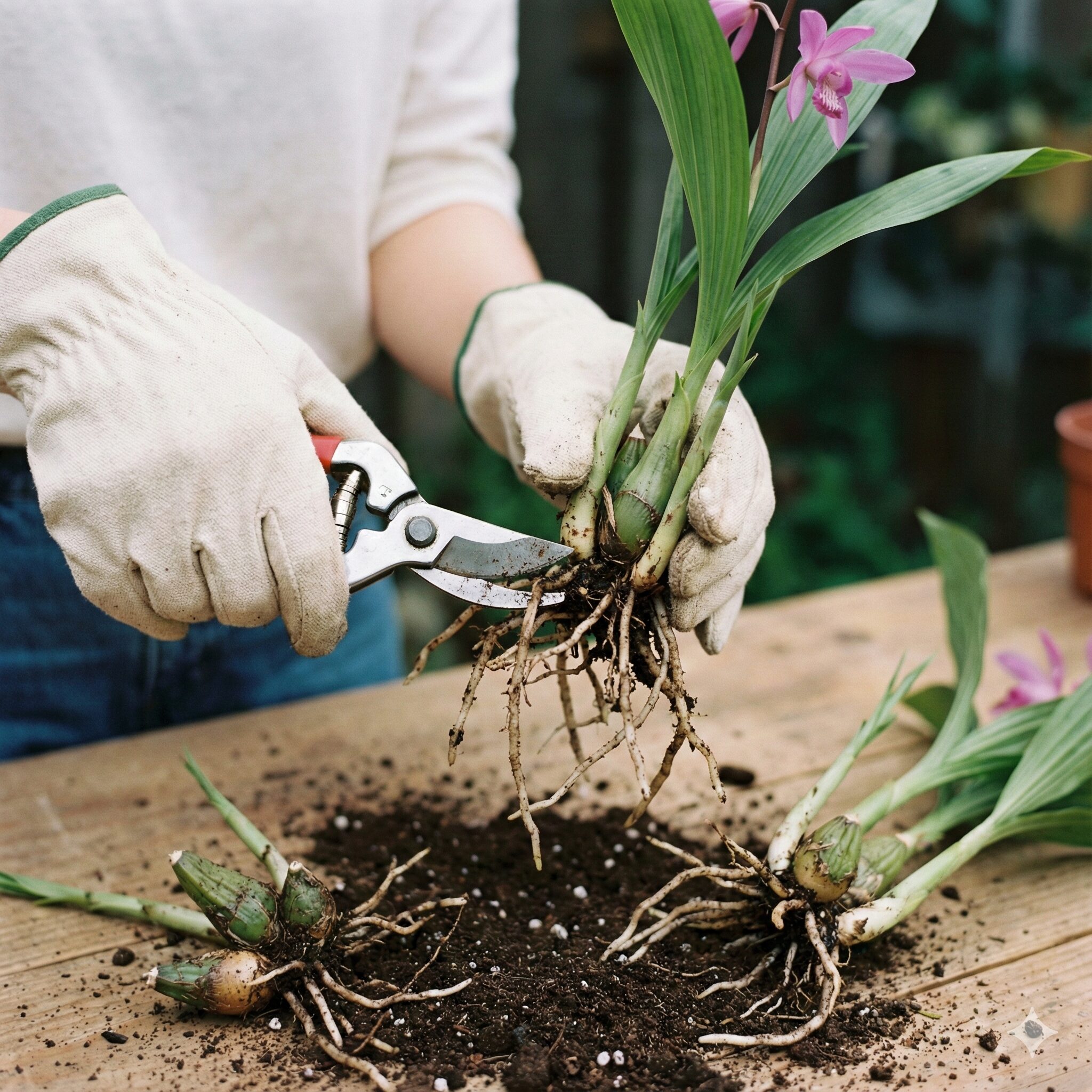 紫蘭 増えすぎ7　3バルブの法則に従って紫蘭（シラン）を株分けしている作業の様子