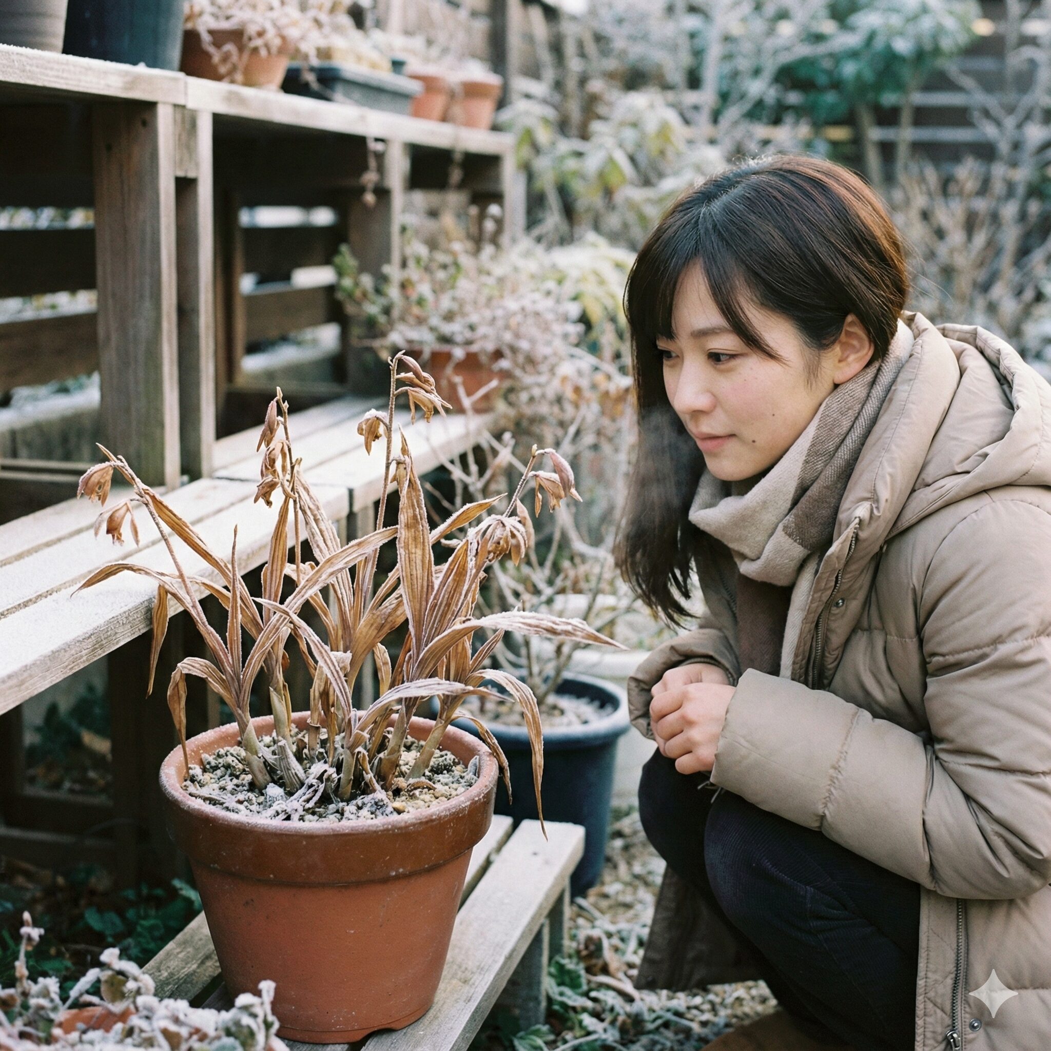 紫蘭 植え替え時期10 冬の寒さに当てて休眠させている屋外の紫蘭の鉢植え