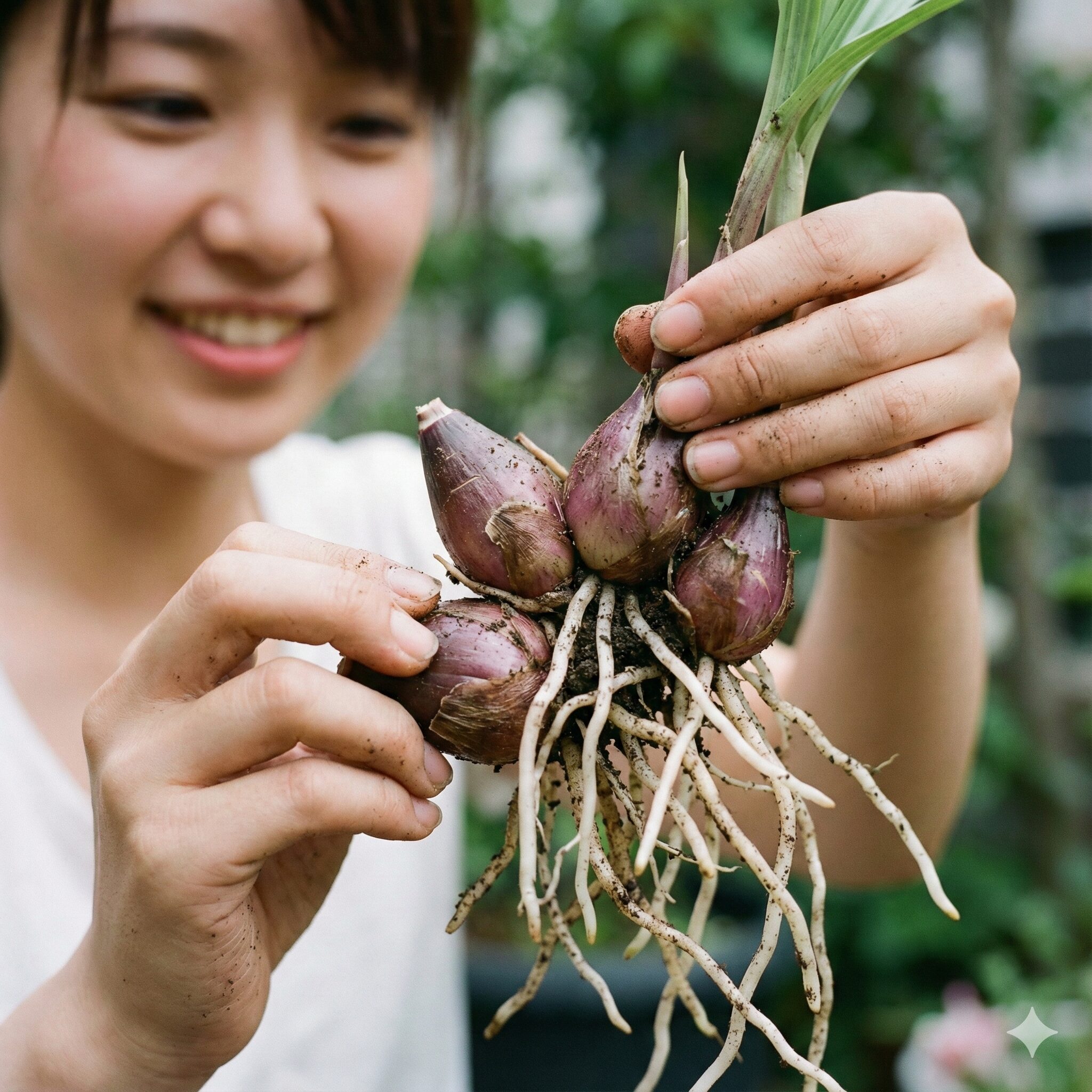 紫蘭 植え替え時期11 紫蘭のバルブを数個ずつに切り分ける株分けの作業工程