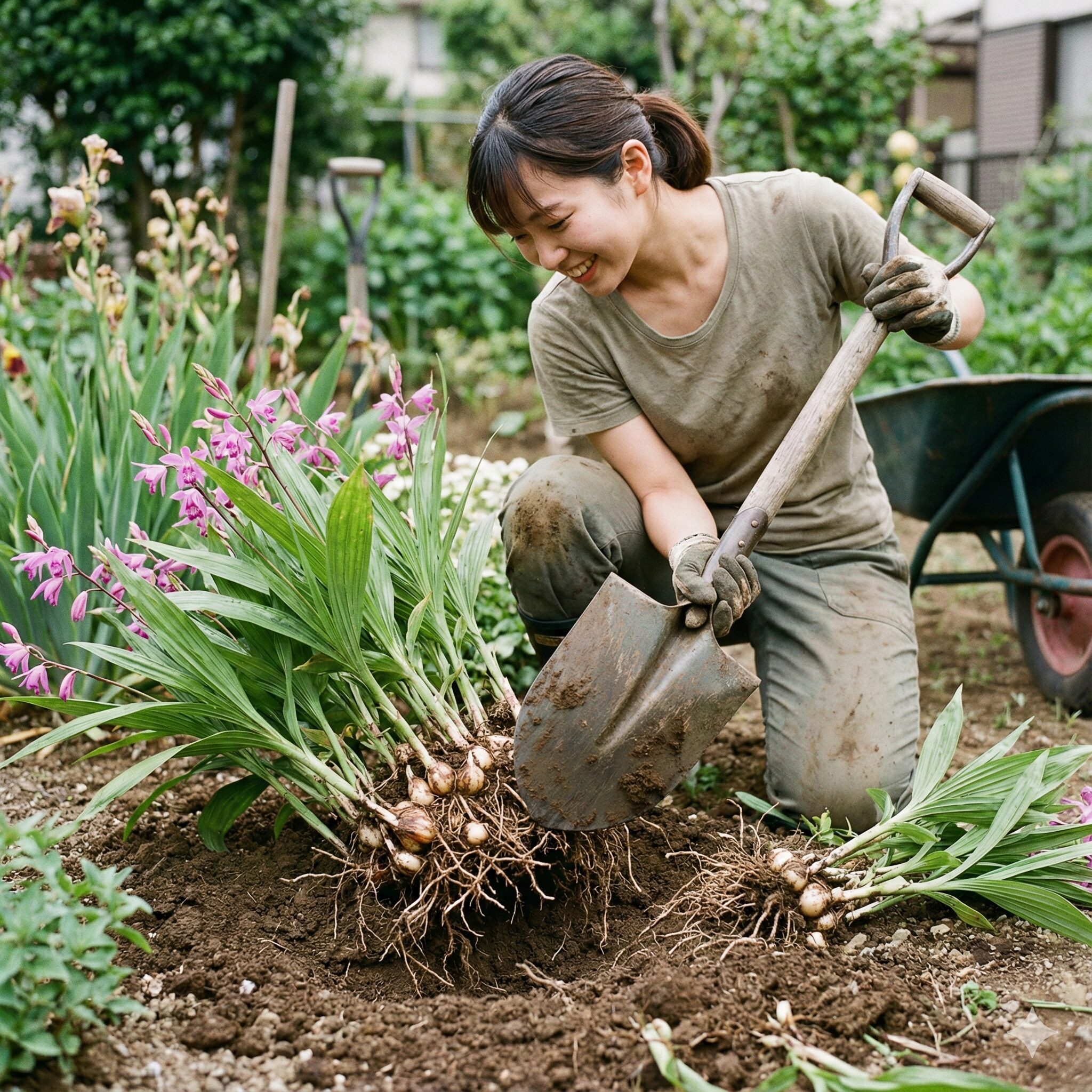 紫蘭 植え替え時期6 スコップを使って庭の紫蘭を掘り起こし整理する作業風景