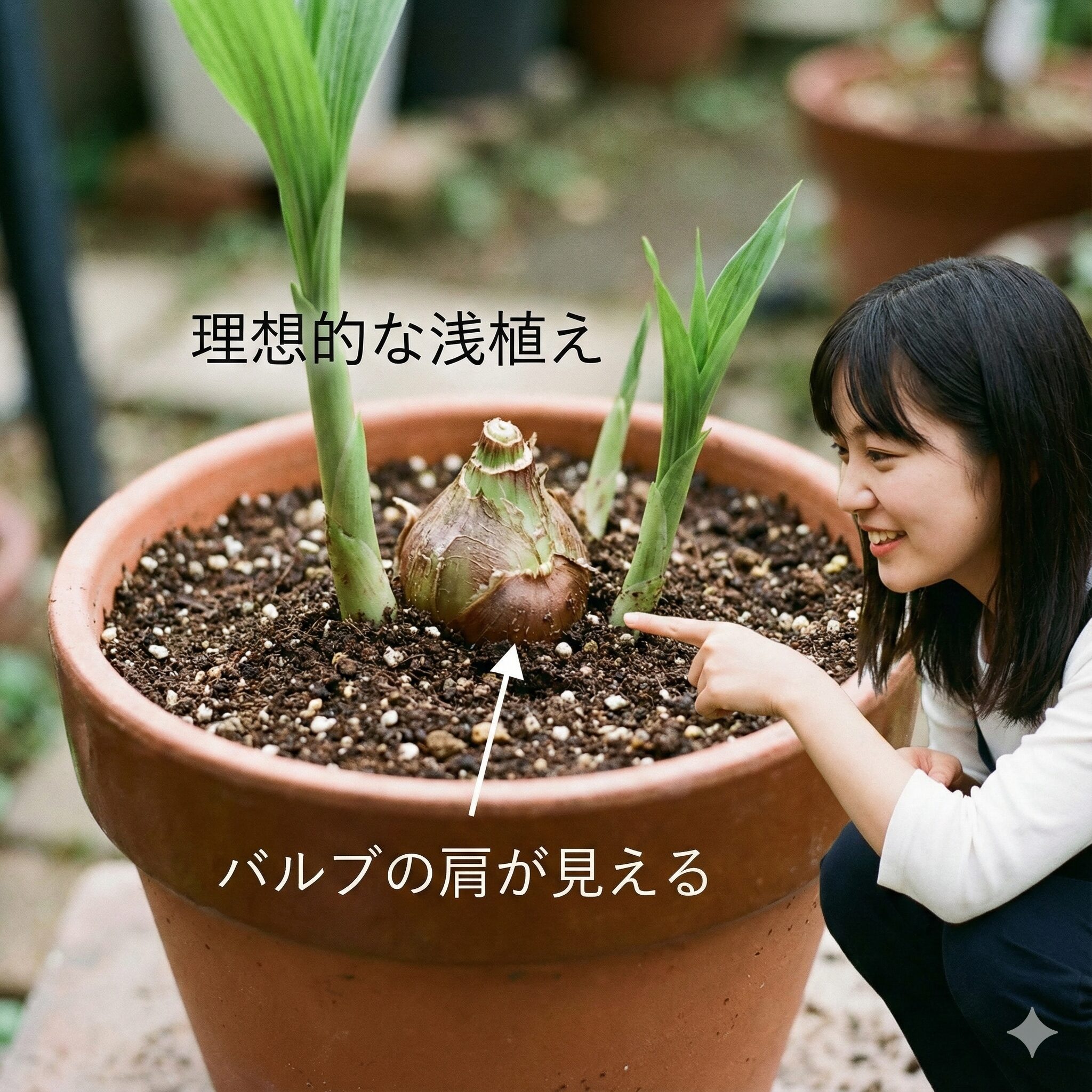 紫蘭 植え替え時期7 紫蘭の理想的な植え付けの深さ（バルブが少し見える浅植え）