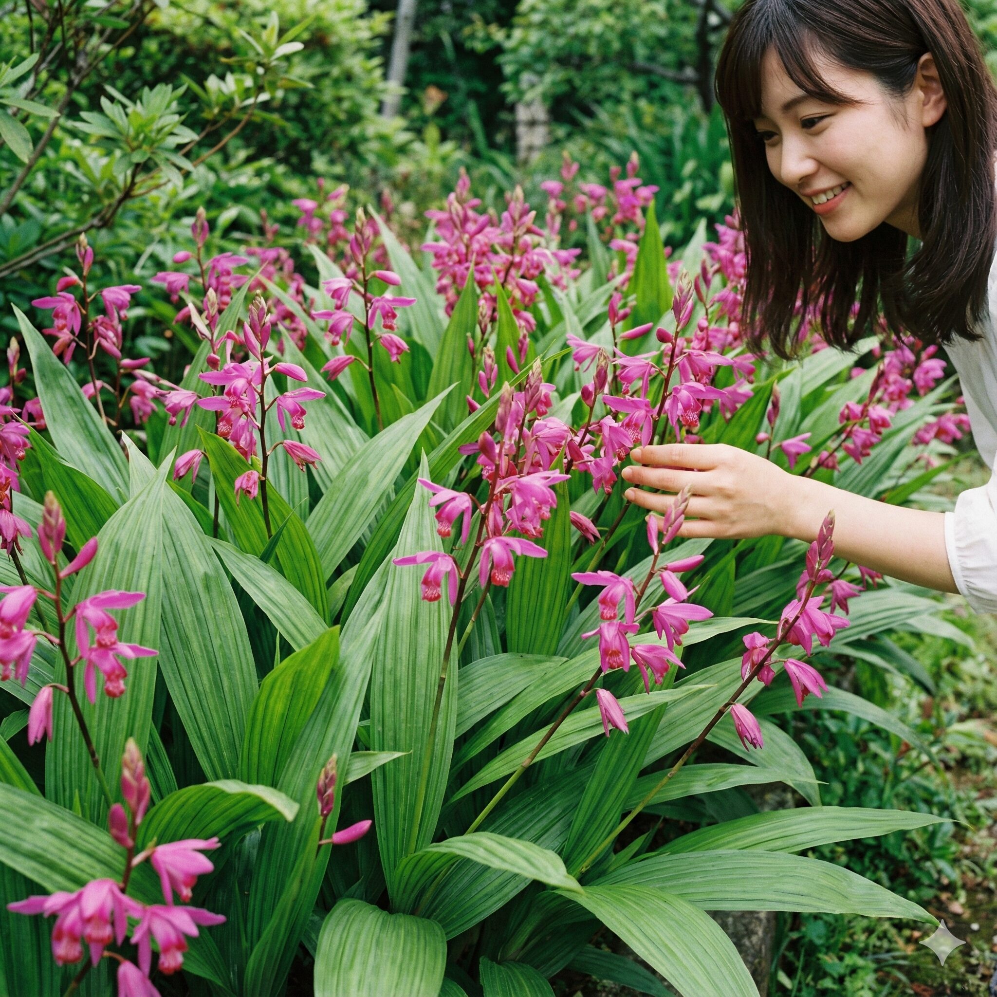 紫蘭に似た花1　春の庭で群生して咲く鮮やかな紅紫色の紫蘭（シラン）の花と特徴的な縦ひだのある葉