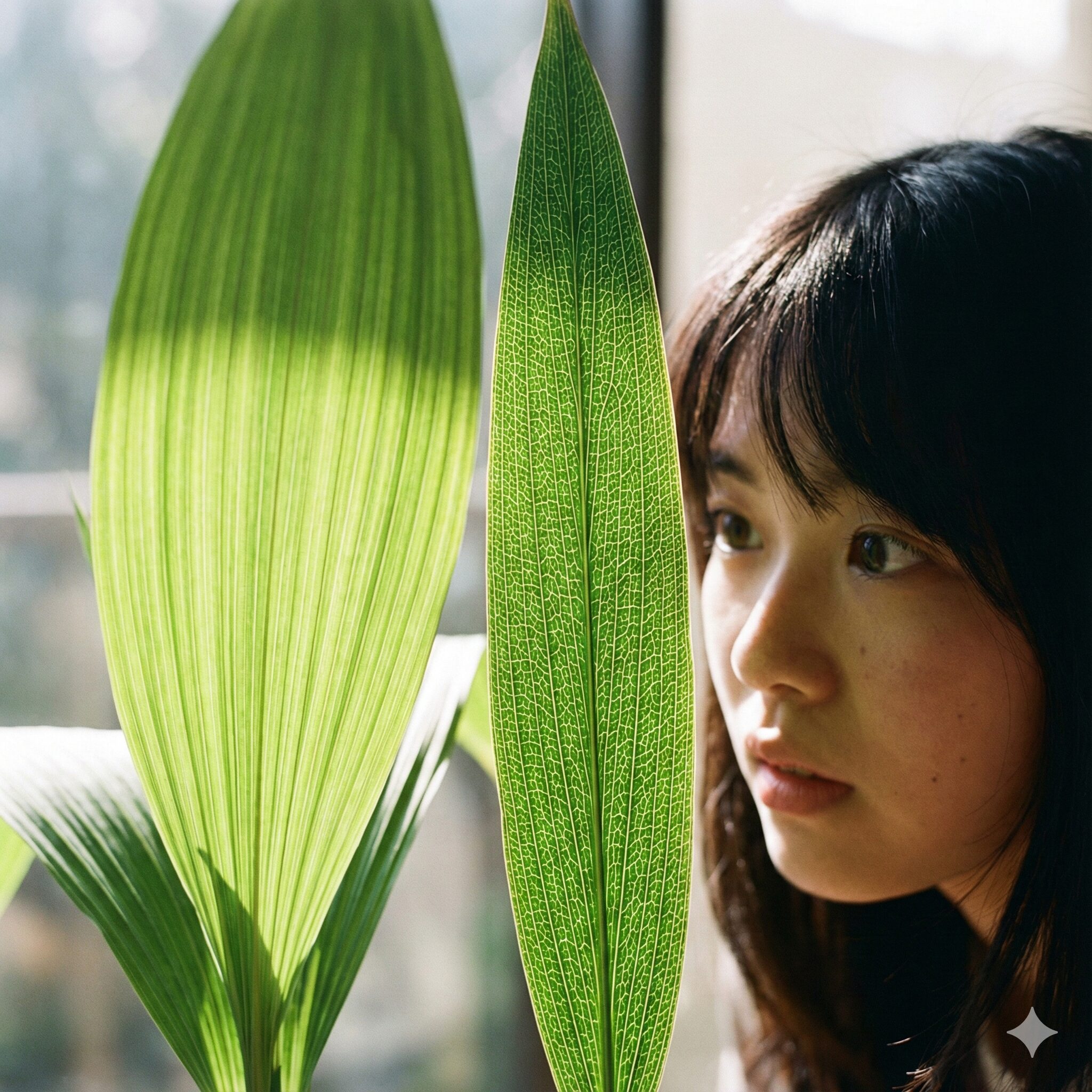 紫蘭に似た花2　逆光で透かして比較した紫蘭の平行脈と雑草ササクサの格子状の葉脈