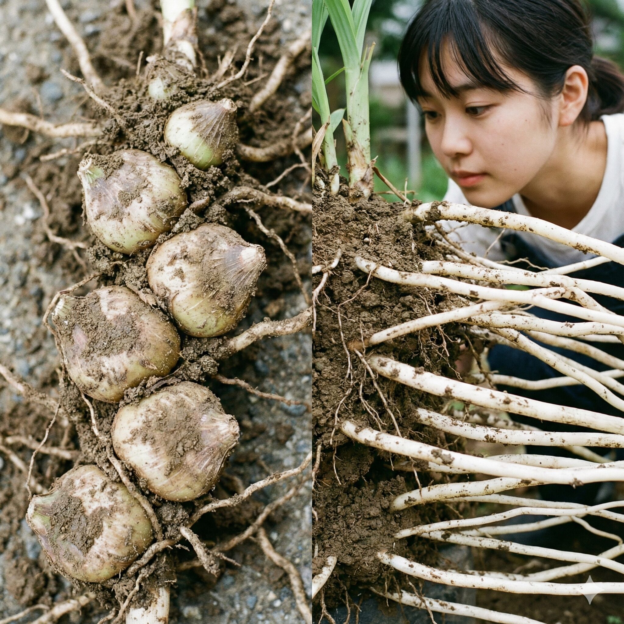 紫蘭に似た花3　掘り上げて比較した紫蘭の丸いバルブ（偽球茎）とササクサの細い地下茎