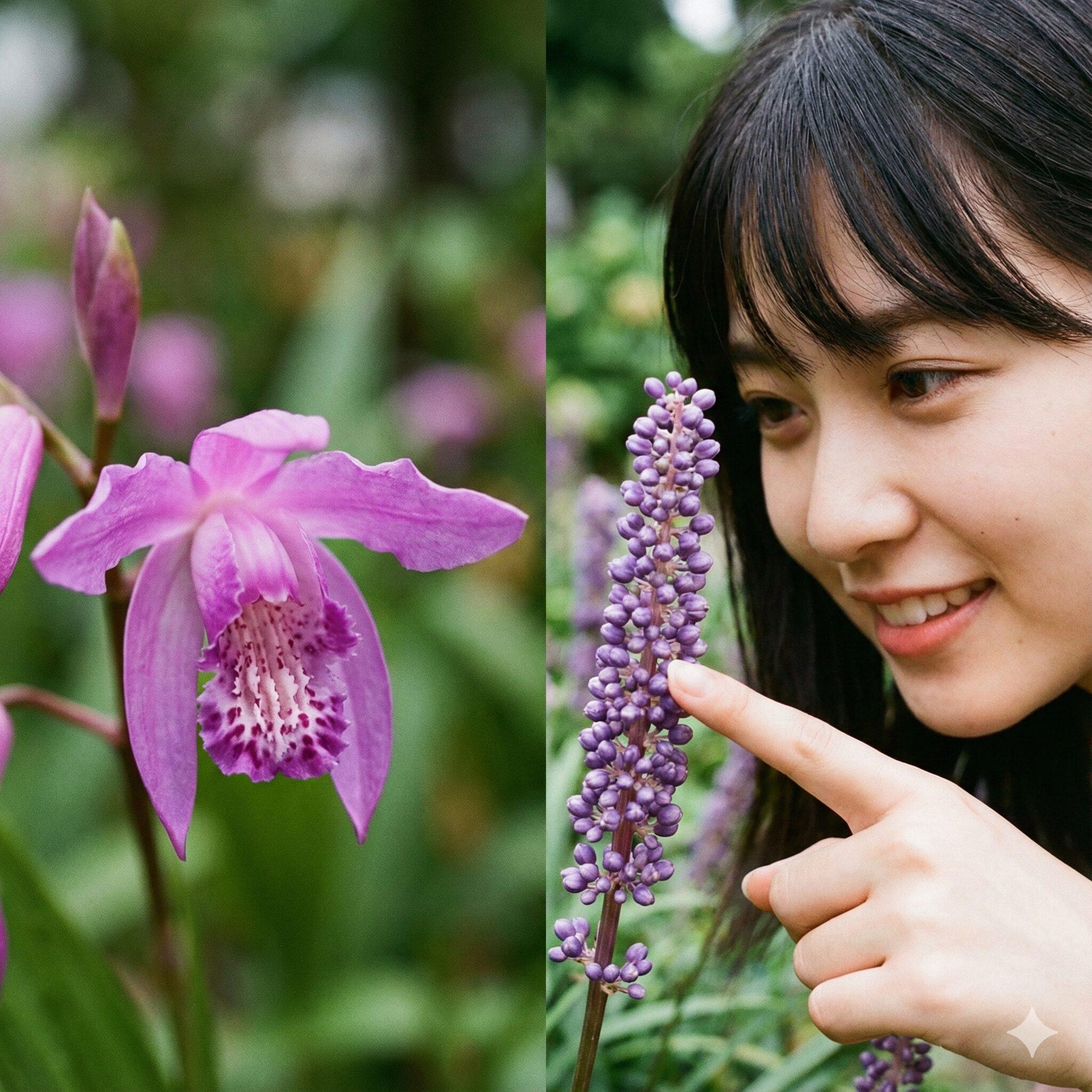 紫蘭に似た花4　紫蘭のカトレア型の花とヤブランの穂状の花の比較クローズアップ