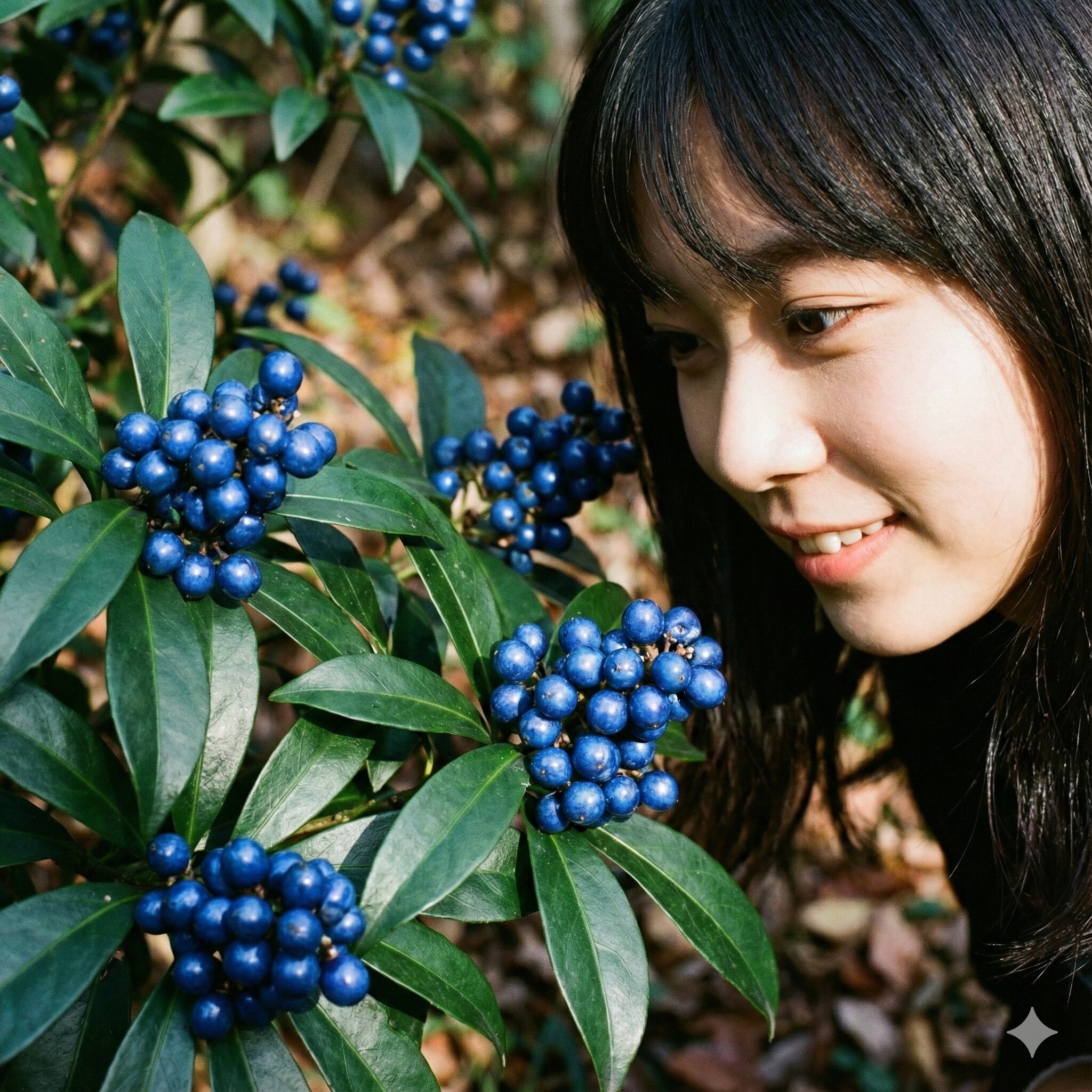 紫蘭に似た花5　濃い緑の葉の間で宝石のように輝く鮮やかなコバルトブルーのノシランの実