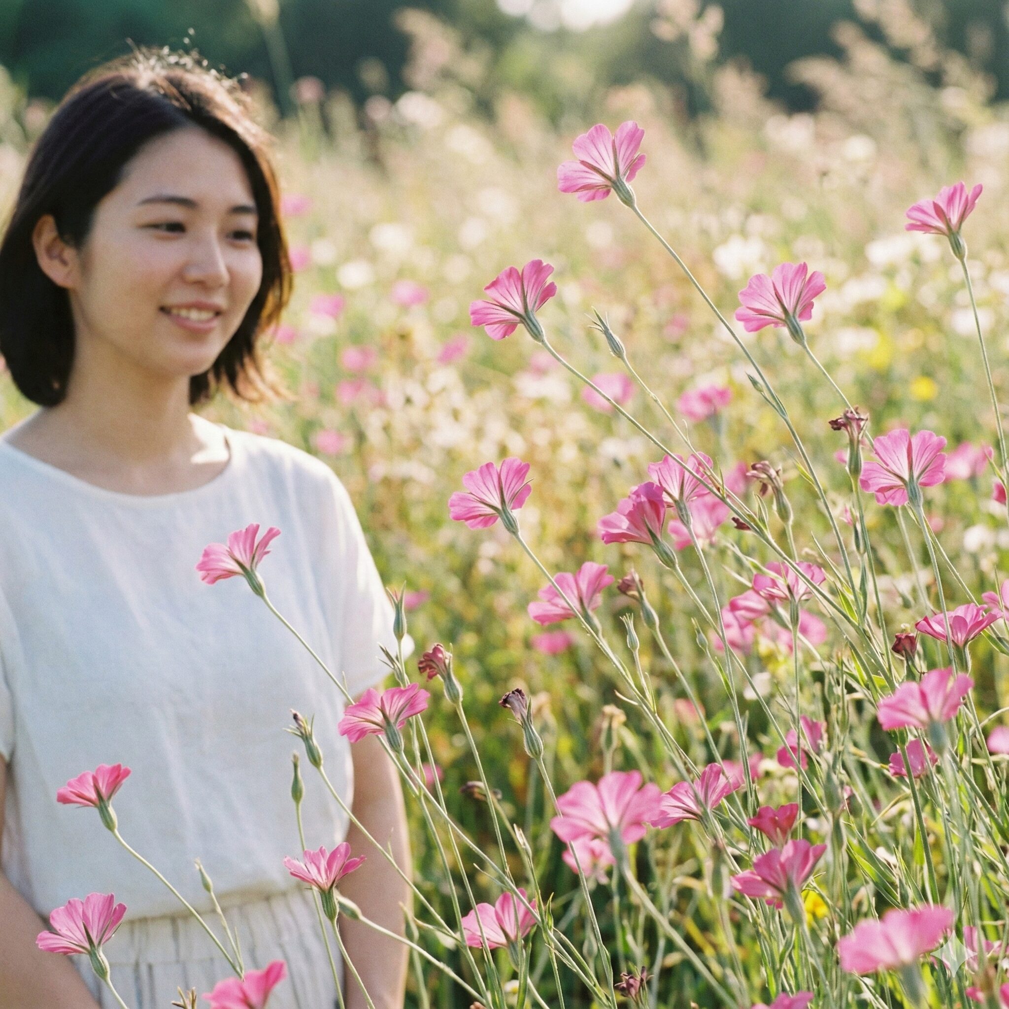 紫蘭に似た花6　風に揺れる細い茎と鮮やかなピンク色の花が特徴のアグロステンマの群生