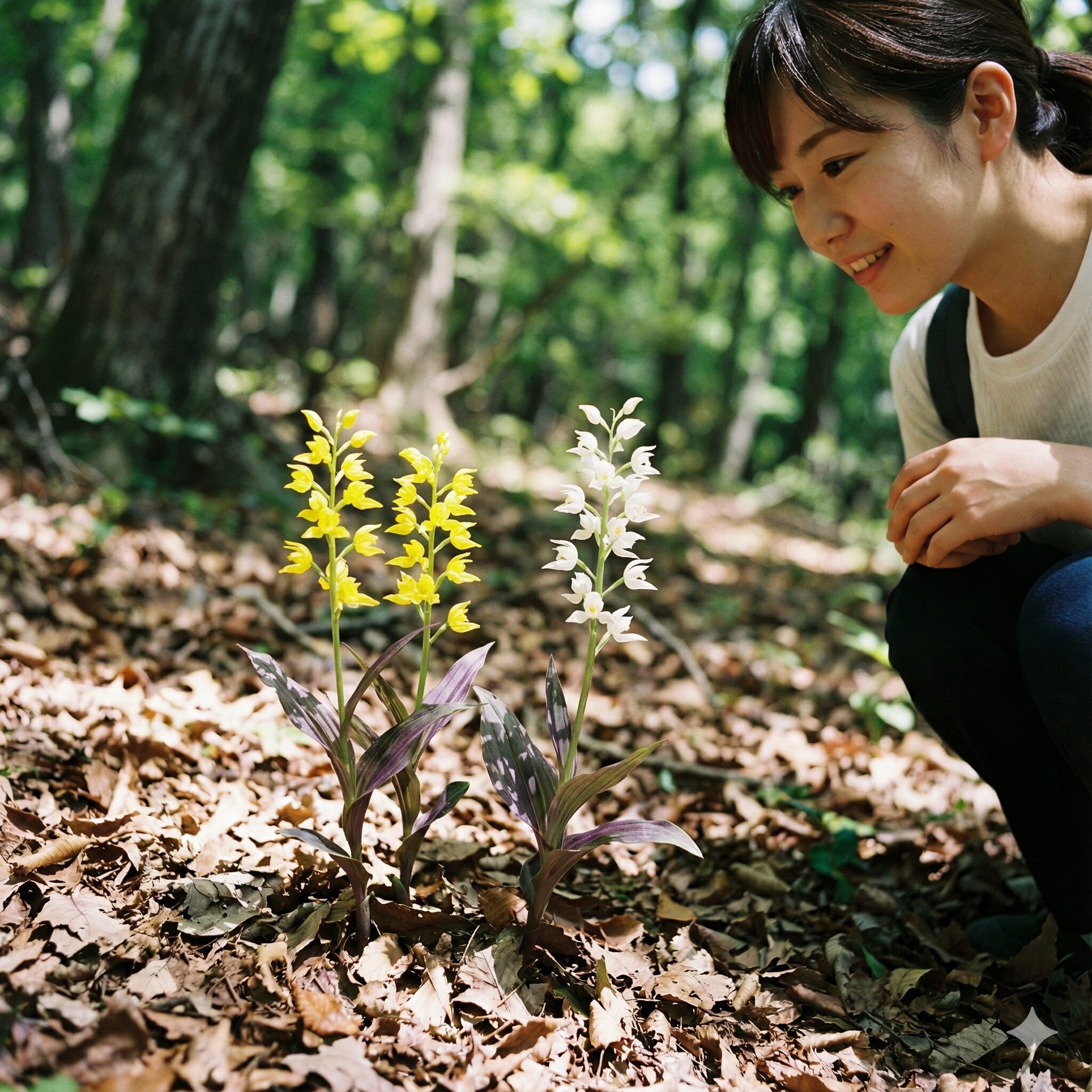 紫蘭に似た花7　林床でひっそりと咲く野生のキンラン（黄色）とギンラン（白色）の花