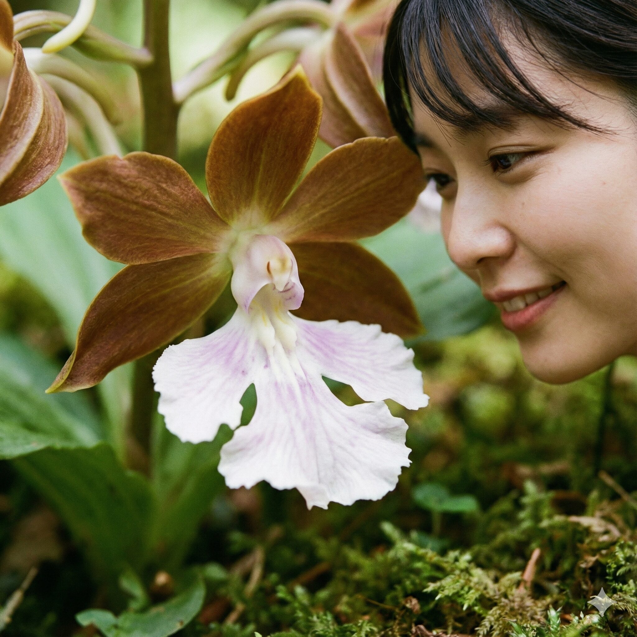 紫蘭に似た花8　茶褐色と白色のバイカラーが特徴的なエビネの立体的な花のクローズアップ