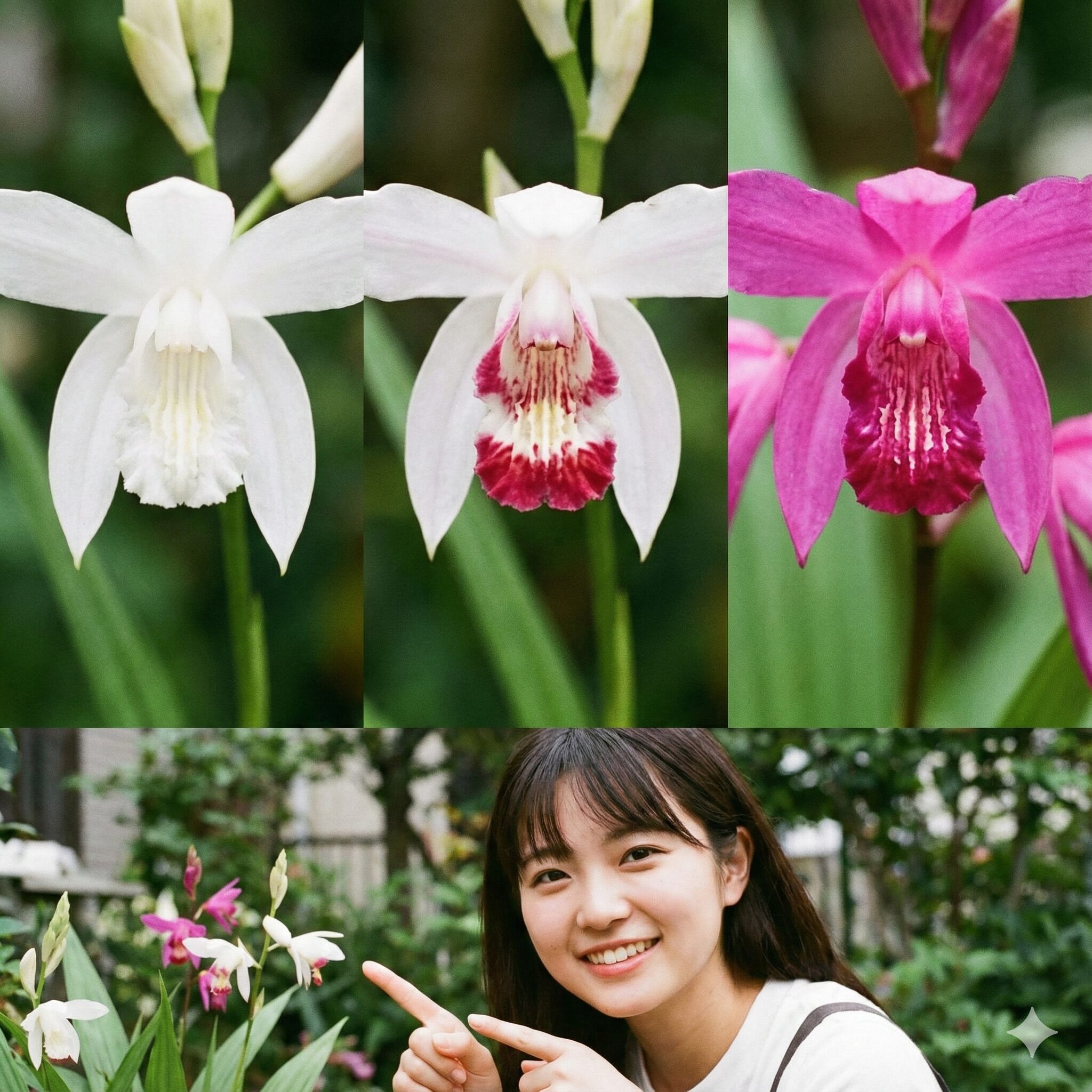 紫蘭に似た花9　色違いの紫蘭比較：純白のシロバナシラン、白地に紅のクチベニシラン、基本の紅紫色