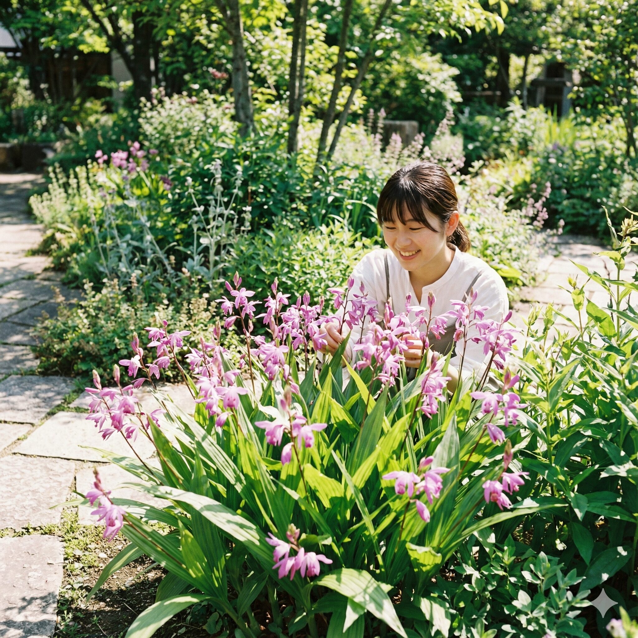 紫蘭花が終わったら1　　庭で満開に咲き誇る美しい紫蘭（シラン）の花と健康な葉の様子。