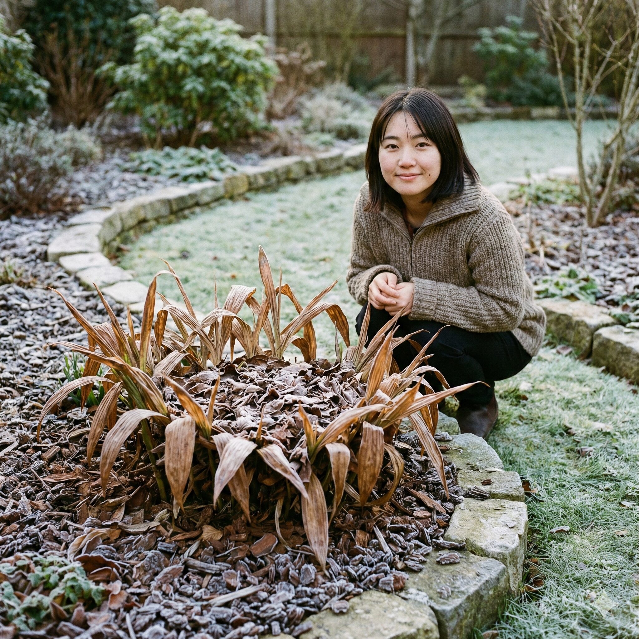 紫蘭花が終わったら10　冬越しのために枯れた紫蘭の株元に腐葉土でマルチング（防寒対策）が施されている様子。