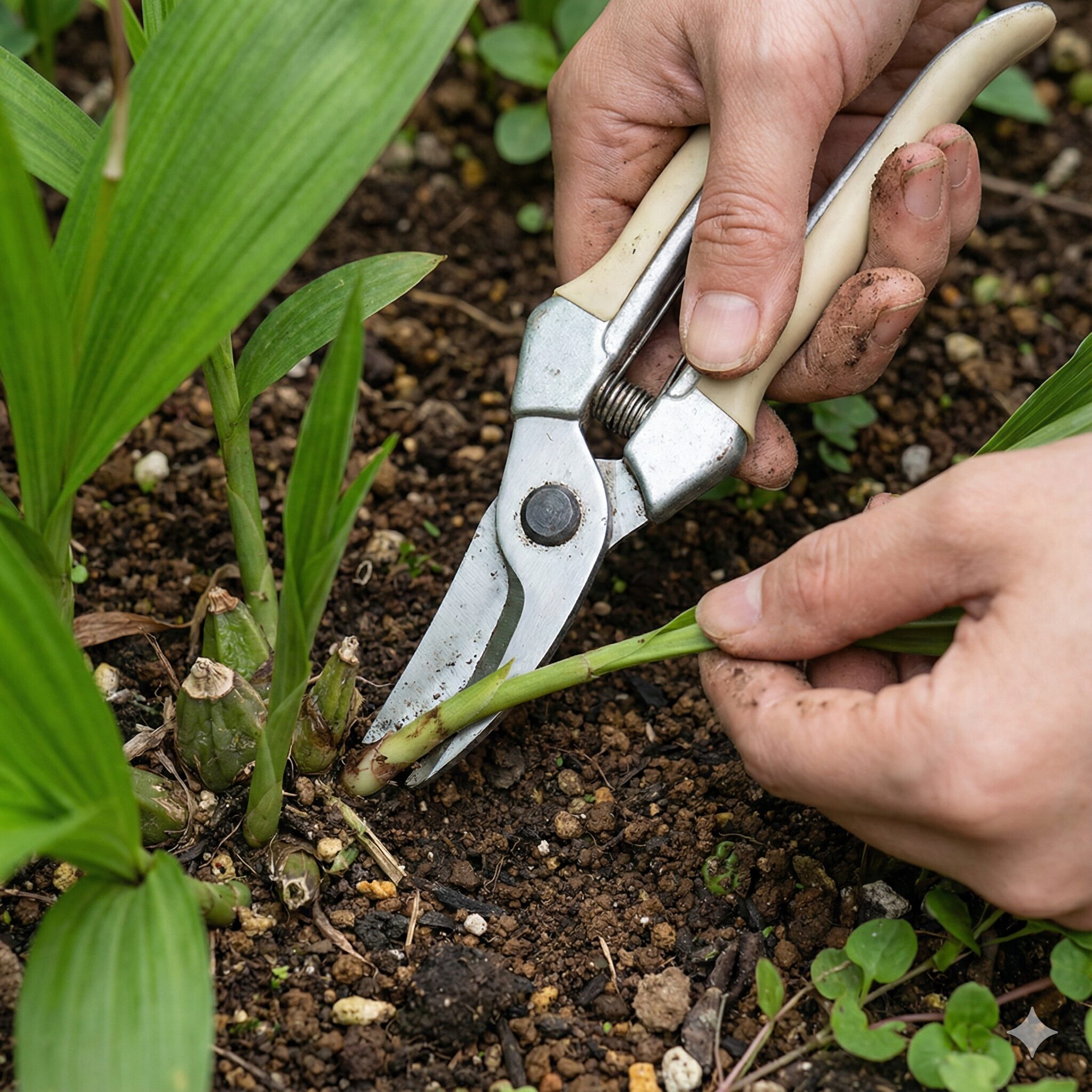 紫蘭花が終わったら3　紫蘭の花茎を株元の地面すれすれの位置で剪定ばさみを使って切り取る作業の様子。