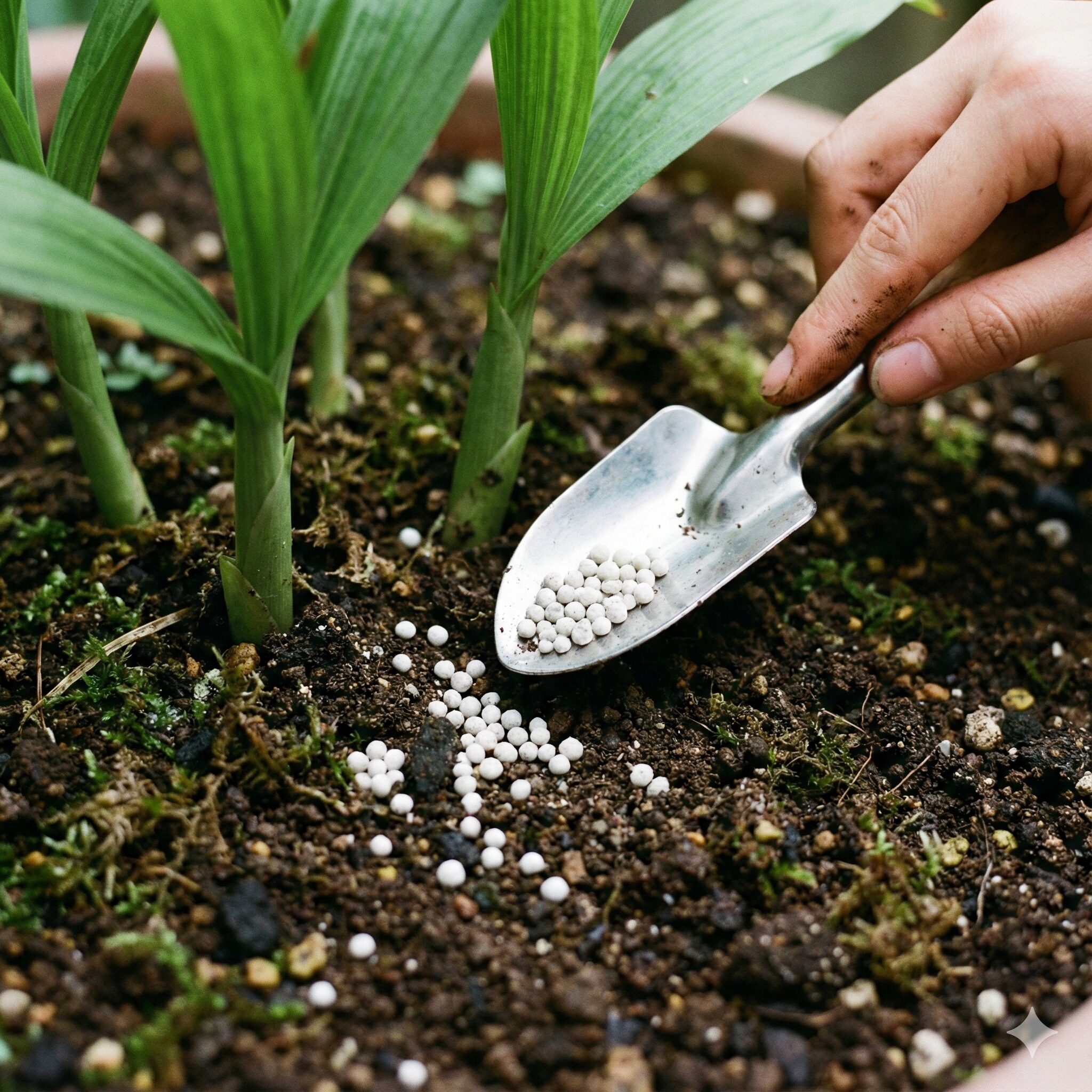 紫蘭花が終わったら7　花後の紫蘭の株元に与えられた緩効性化成肥料（お礼肥）の様子。