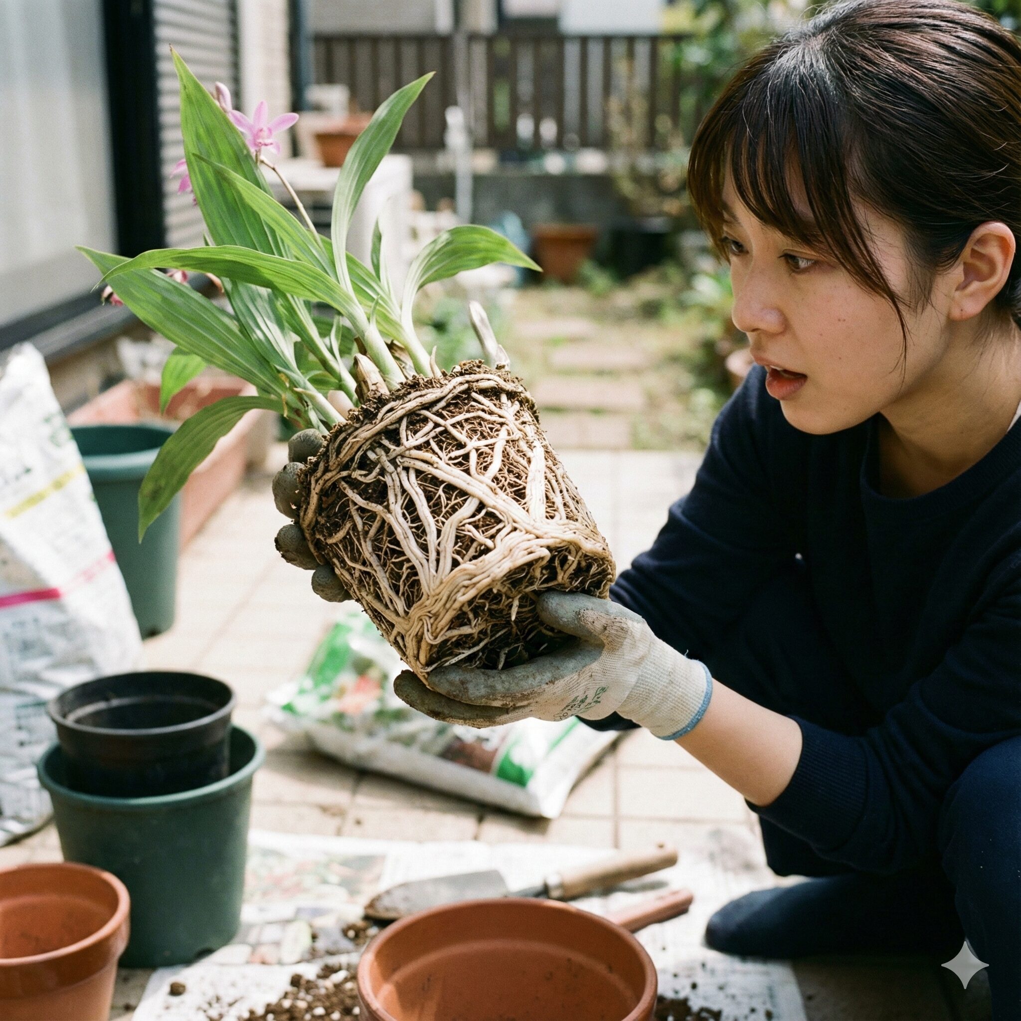 紫蘭花が終わったら8　鉢から抜いた紫蘭の根鉢。根がびっしりと回って根詰まりを起こしている状態。