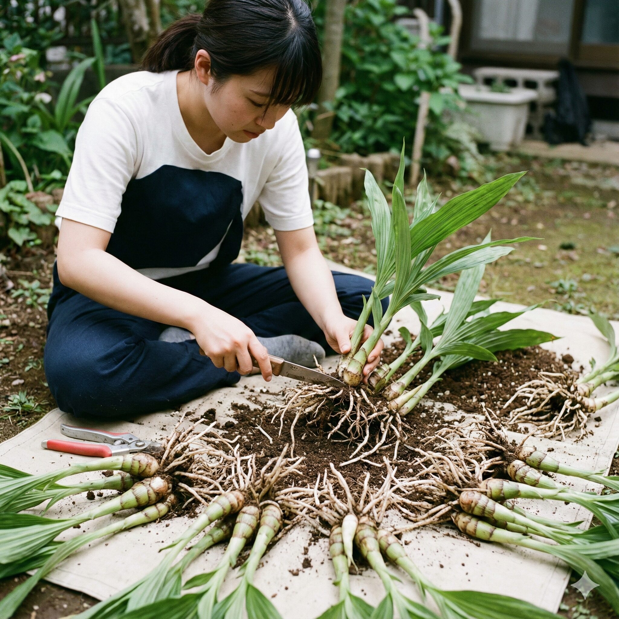紫蘭花が終わったら9　紫蘭の株分け作業の様子。3つ以上のバルブをつなげて分割された株が並んでいる。