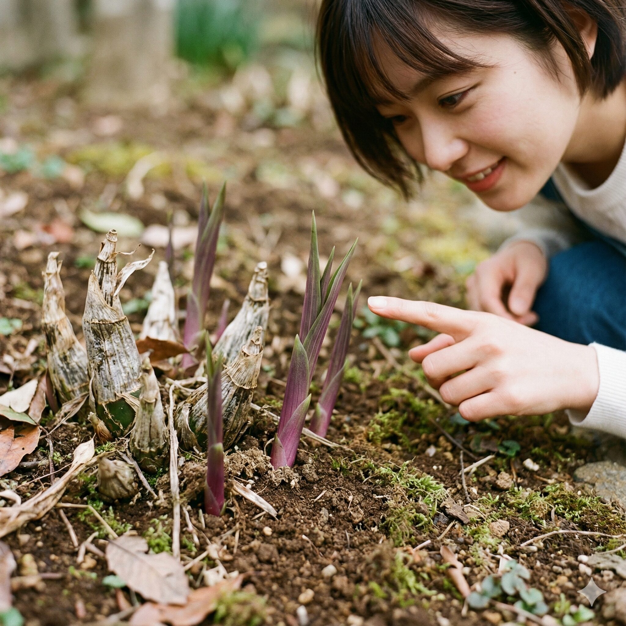 紫蘭花言葉3　冬を越して春に力強く芽吹く紫蘭の偽球茎と新芽
