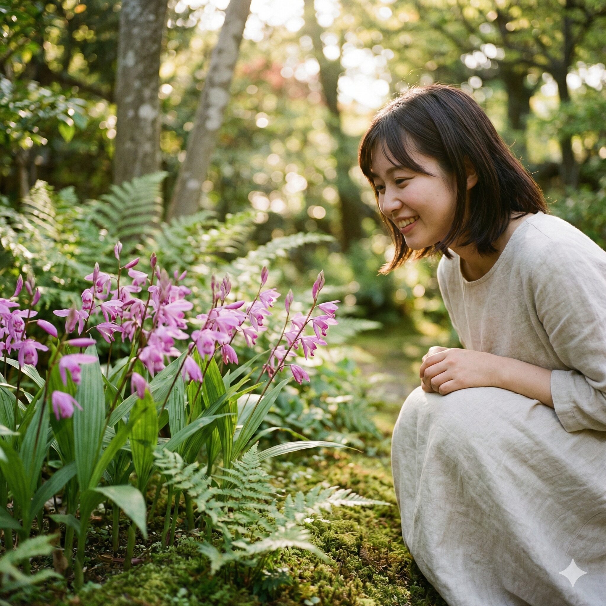 紫蘭花言葉4　楽しい語らいという花言葉を連想させる風に揺れる紫蘭の花々
