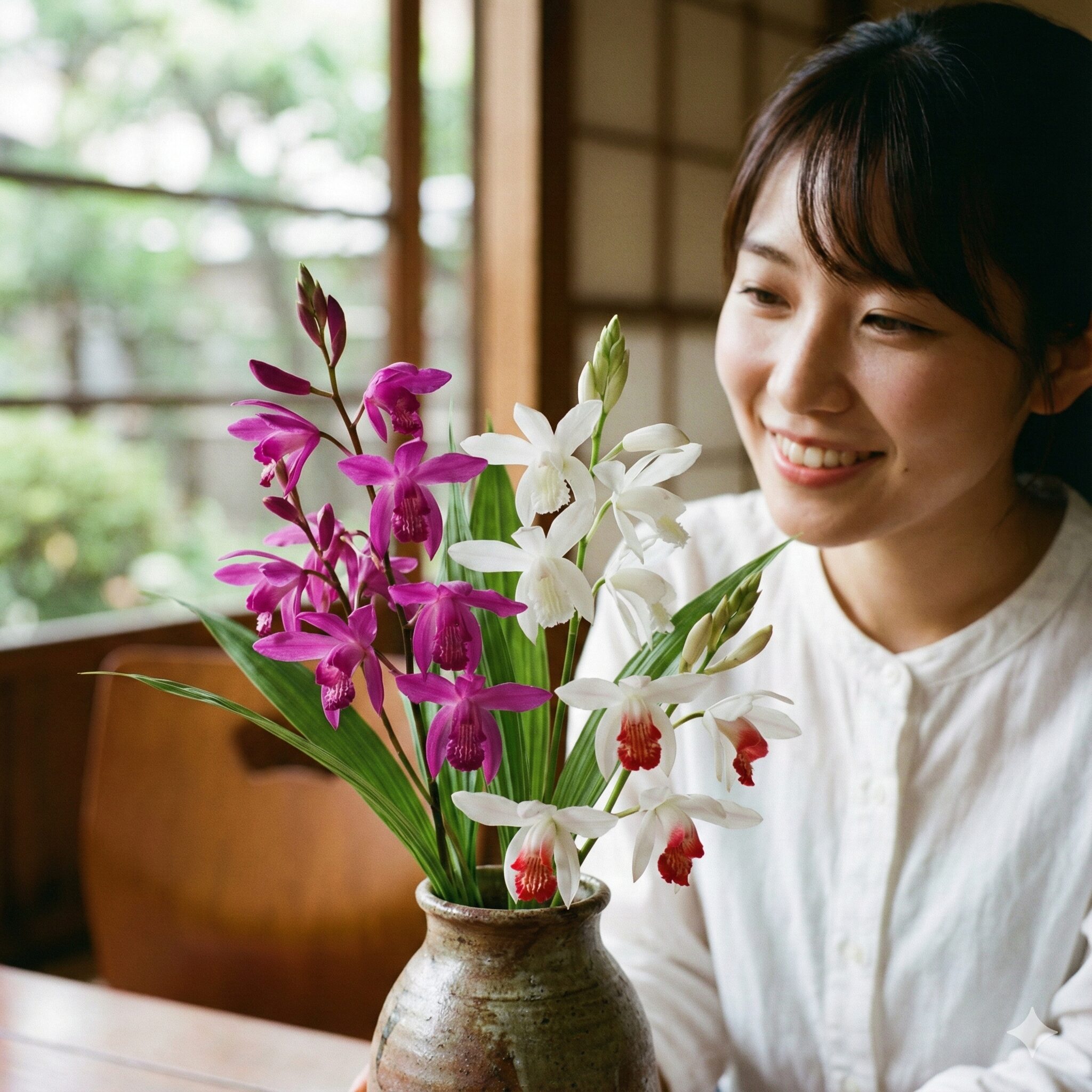 紫蘭花言葉8　紫、白、口紅の3種類の紫蘭を組み合わせたフラワーアレンジメント