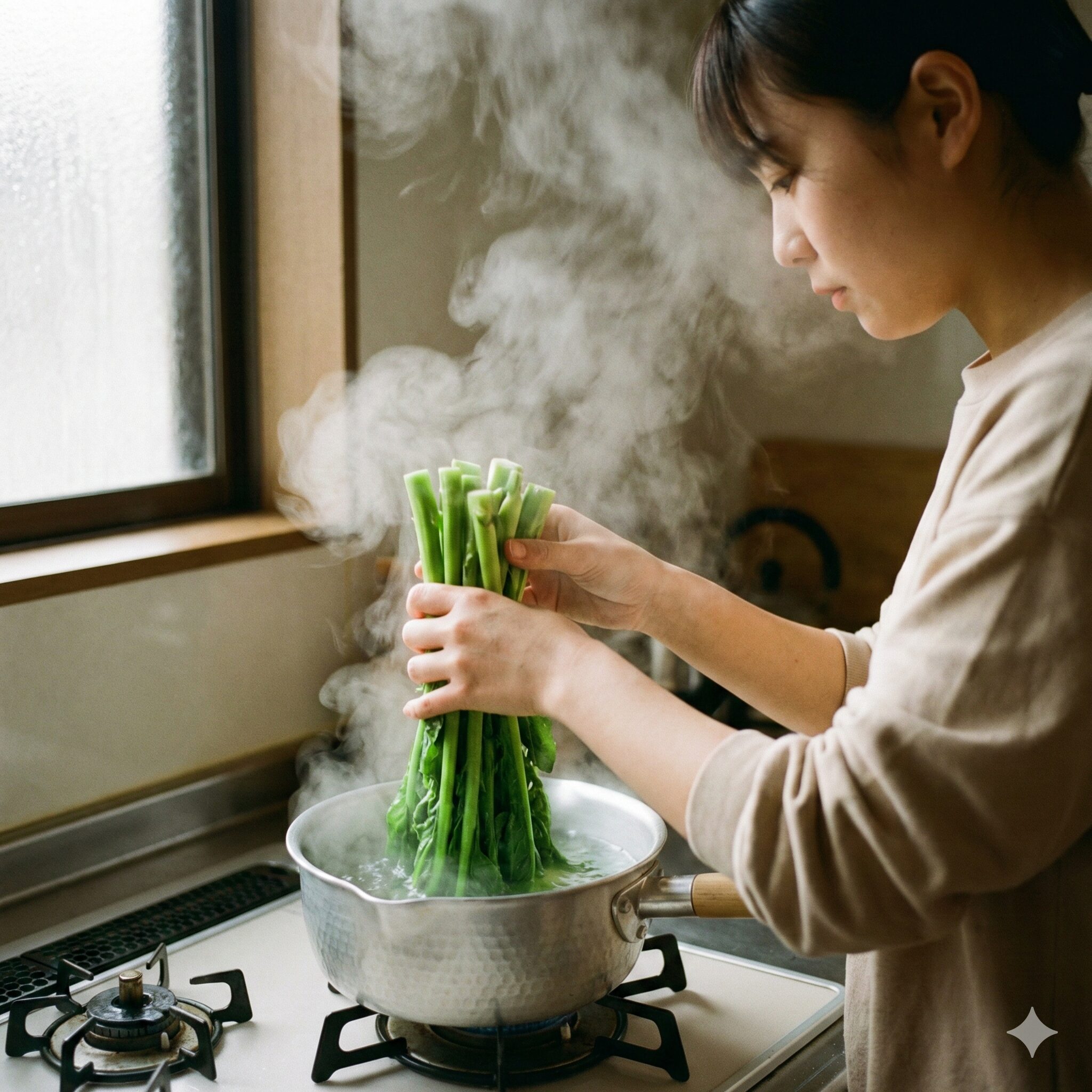 菜の花 レシピ 人気 クックパッド4　菜の花をシャキシャキに茹でるための茎の時間差投入の様子