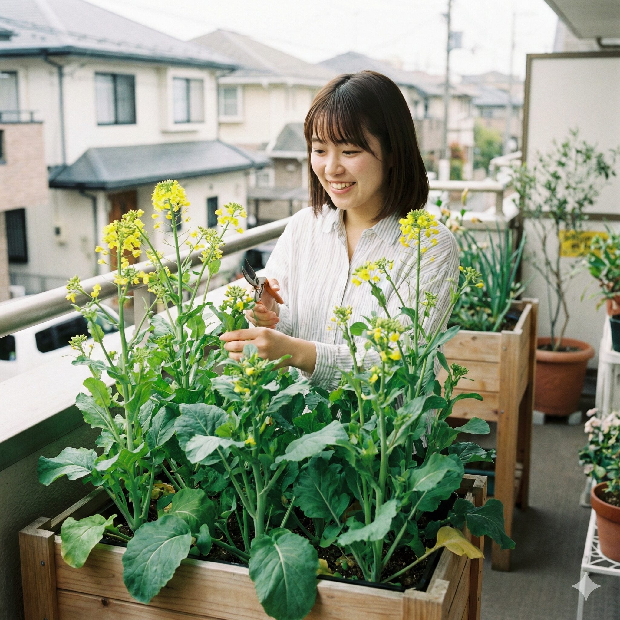 菜の花 レシピ 人気 クックパッド6　プランター家庭菜園で栽培されている収穫直前の新鮮な菜の花