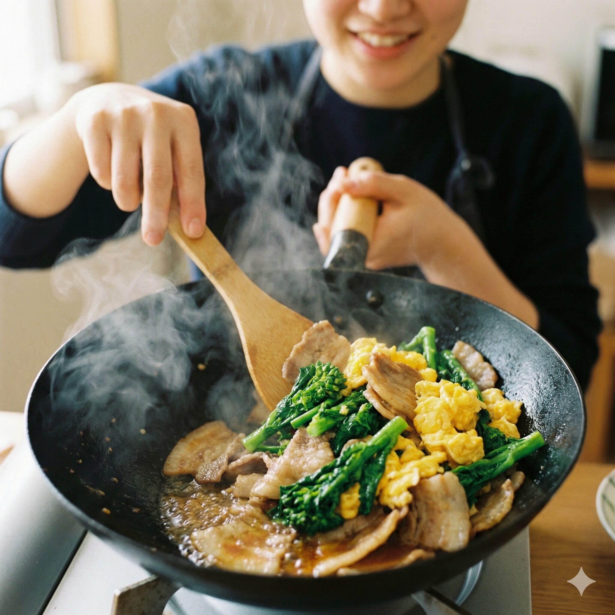菜の花 レシピ 人気 クックパッド7　夕食のメインおかずになる菜の花と豚肉と卵の炒め物