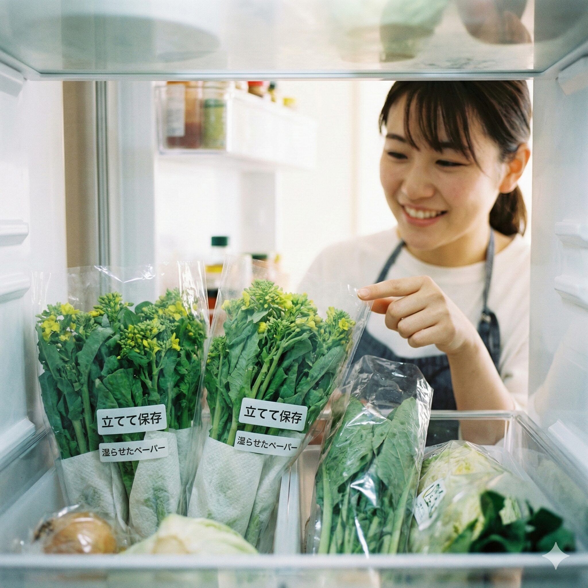 菜の花 レシピ 人気 クックパッド9　菜の花の鮮度を長持ちさせる冷蔵庫での立てて保存する方法