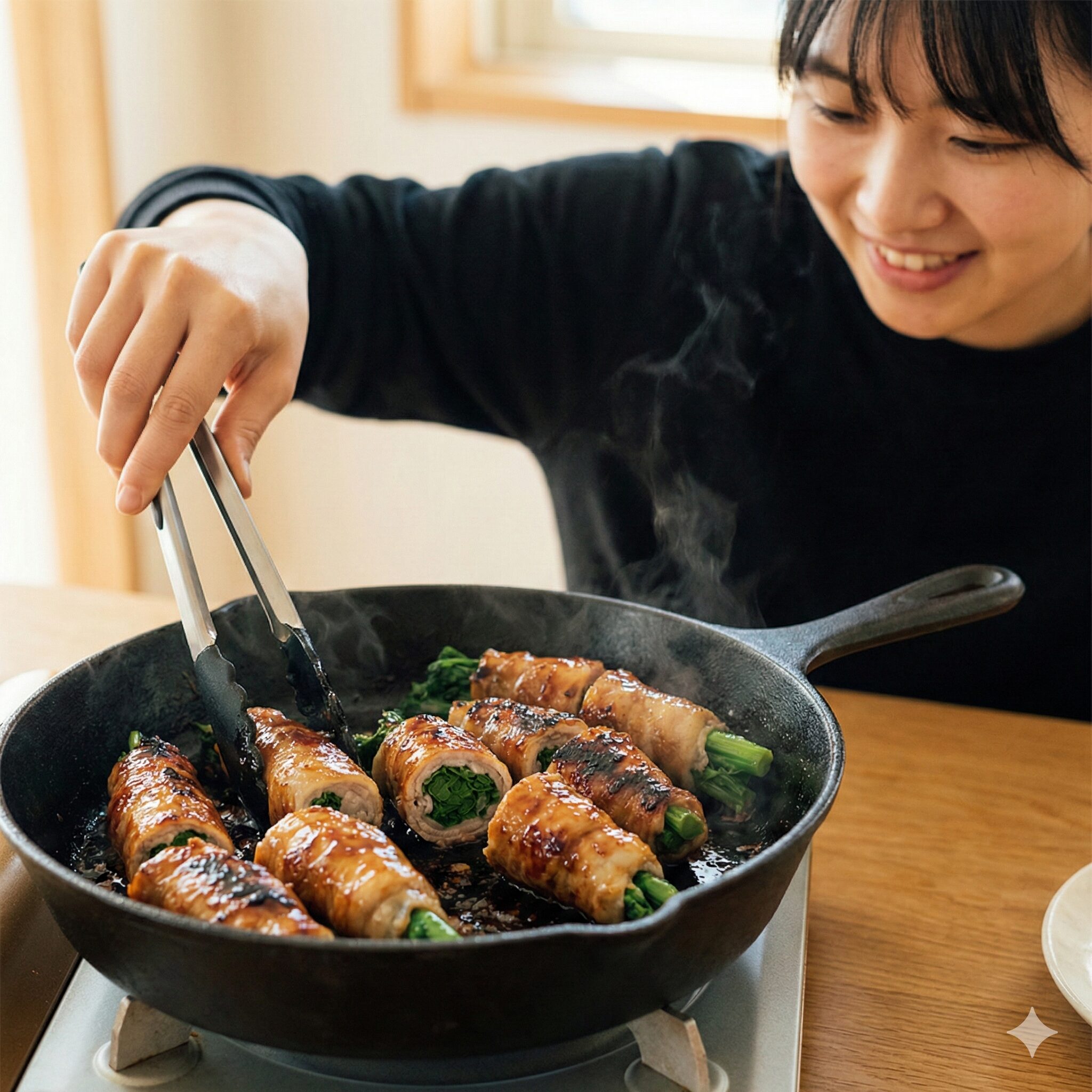 菜の花 レシピ 人気 炒め10　豚肉で巻いた菜の花をフライパンで焼き、甘辛いタレを絡めて照りを出している肉巻き炒めの調理写真