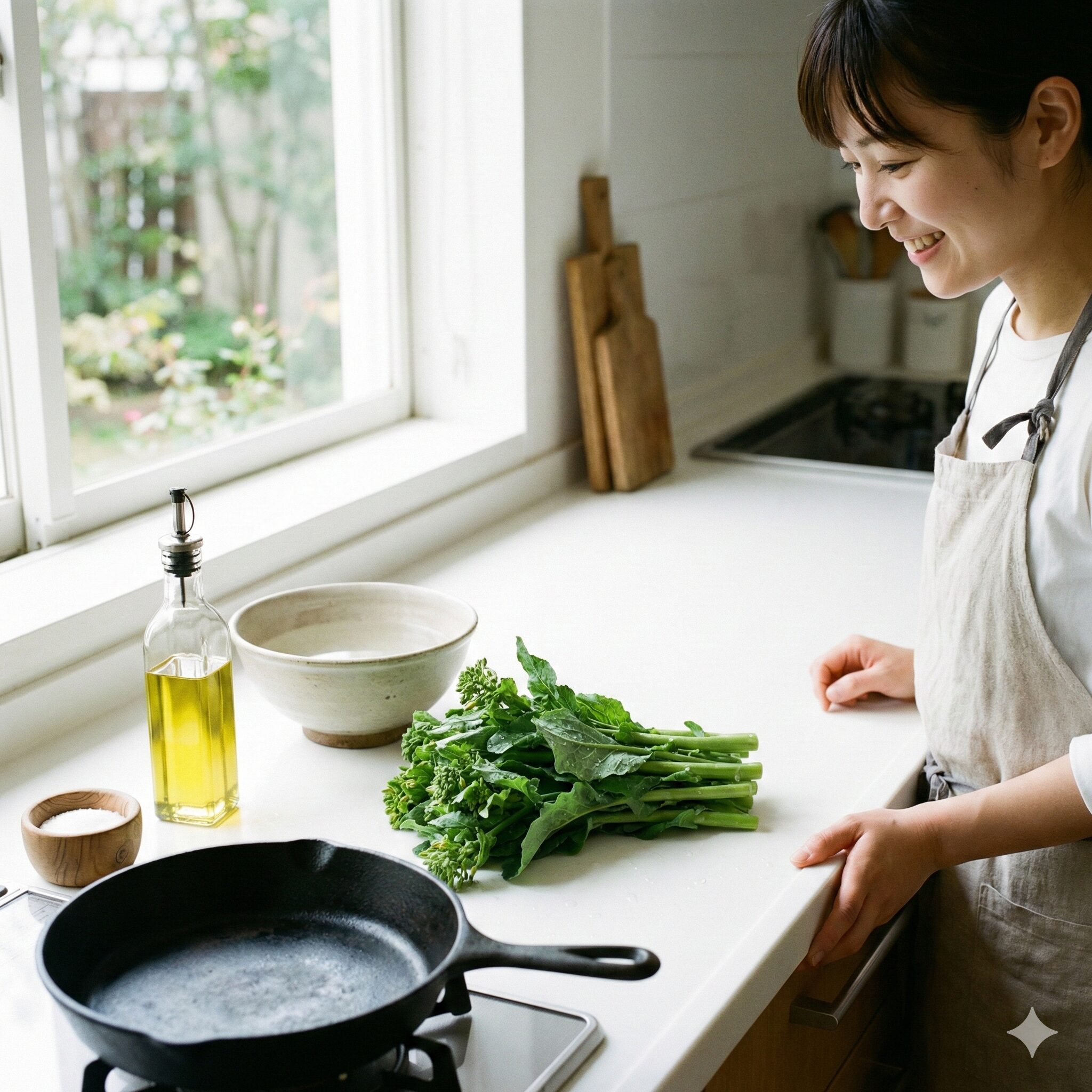 菜の花 レシピ 人気 炒め2　菜の花の炒め物を作るための新鮮な食材と調味料が準備されたキッチンカウンター