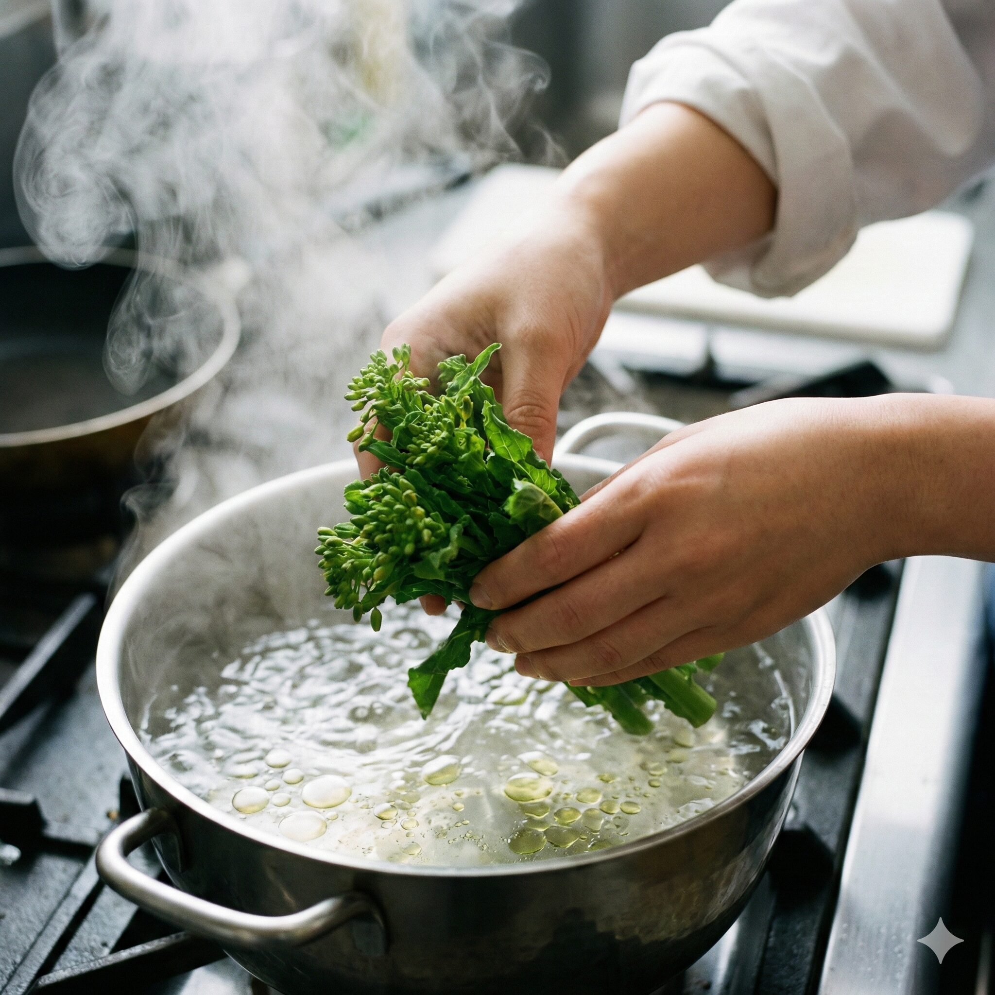 菜の花 レシピ 人気 炒め3　沸騰したお湯に油と塩を加え、菜の花を茎からさっと茹でて油塩湯通しをしている様子