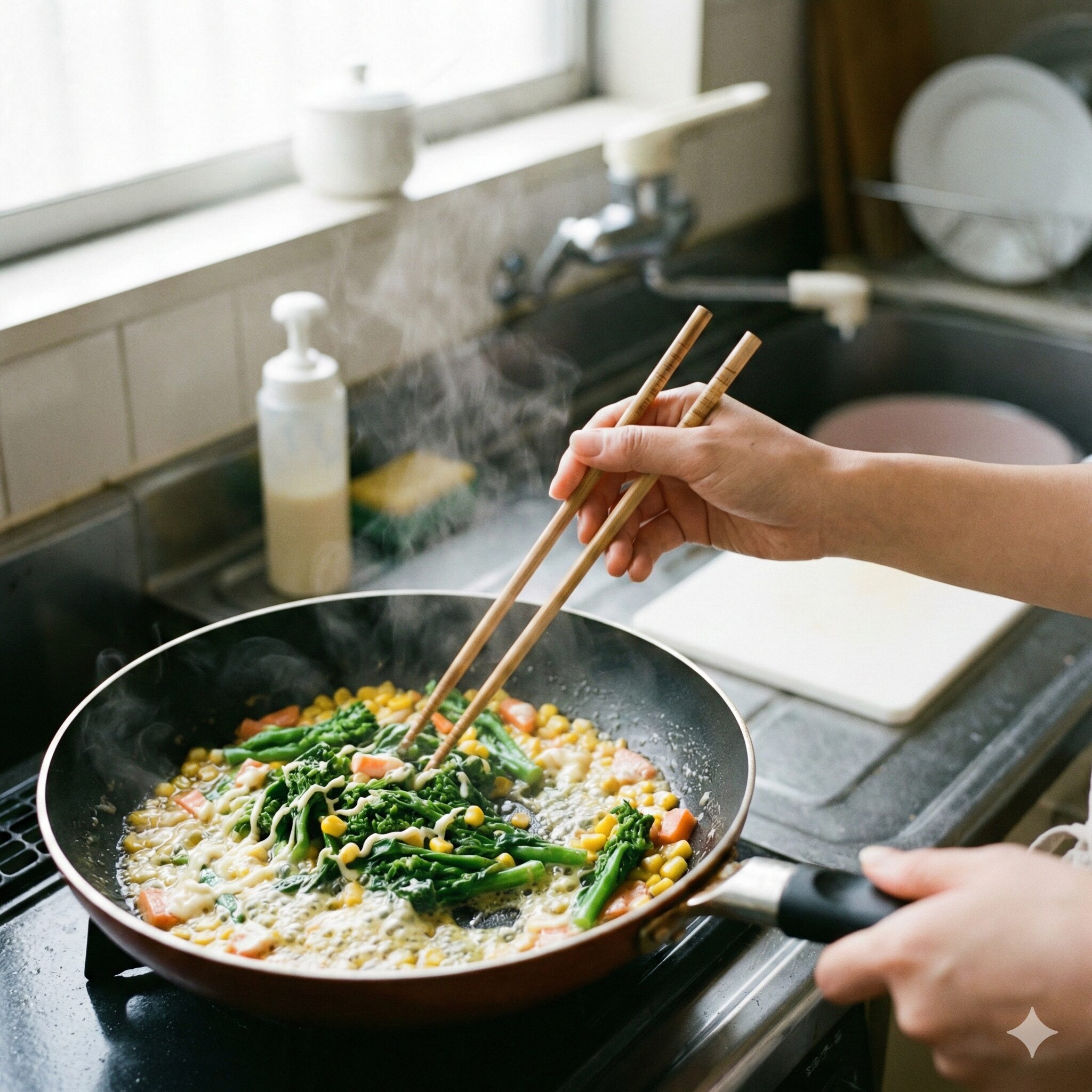 菜の花 レシピ 人気 炒め4　フライパンでマヨネーズを熱し、菜の花やコーンなどの彩り野菜と一緒に炒め合わせている調理風景