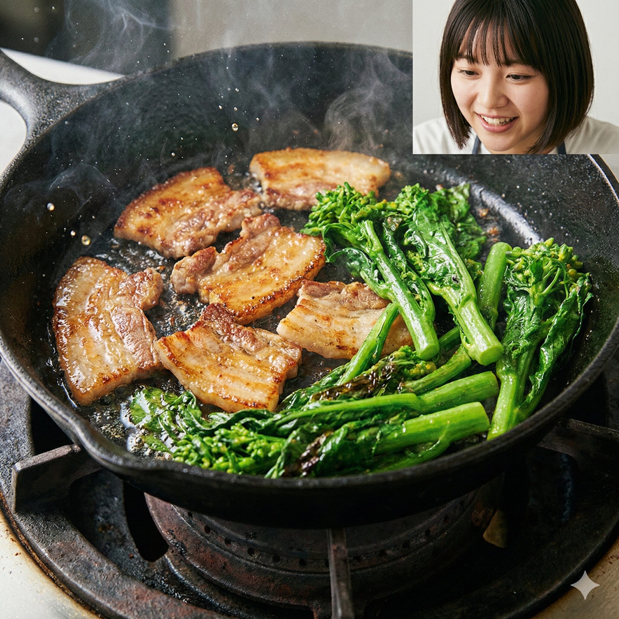 菜の花 レシピ 人気 炒め5　豚バラ肉から出た脂で菜の花を強火で炒めている、コクと旨味たっぷりの調理写真