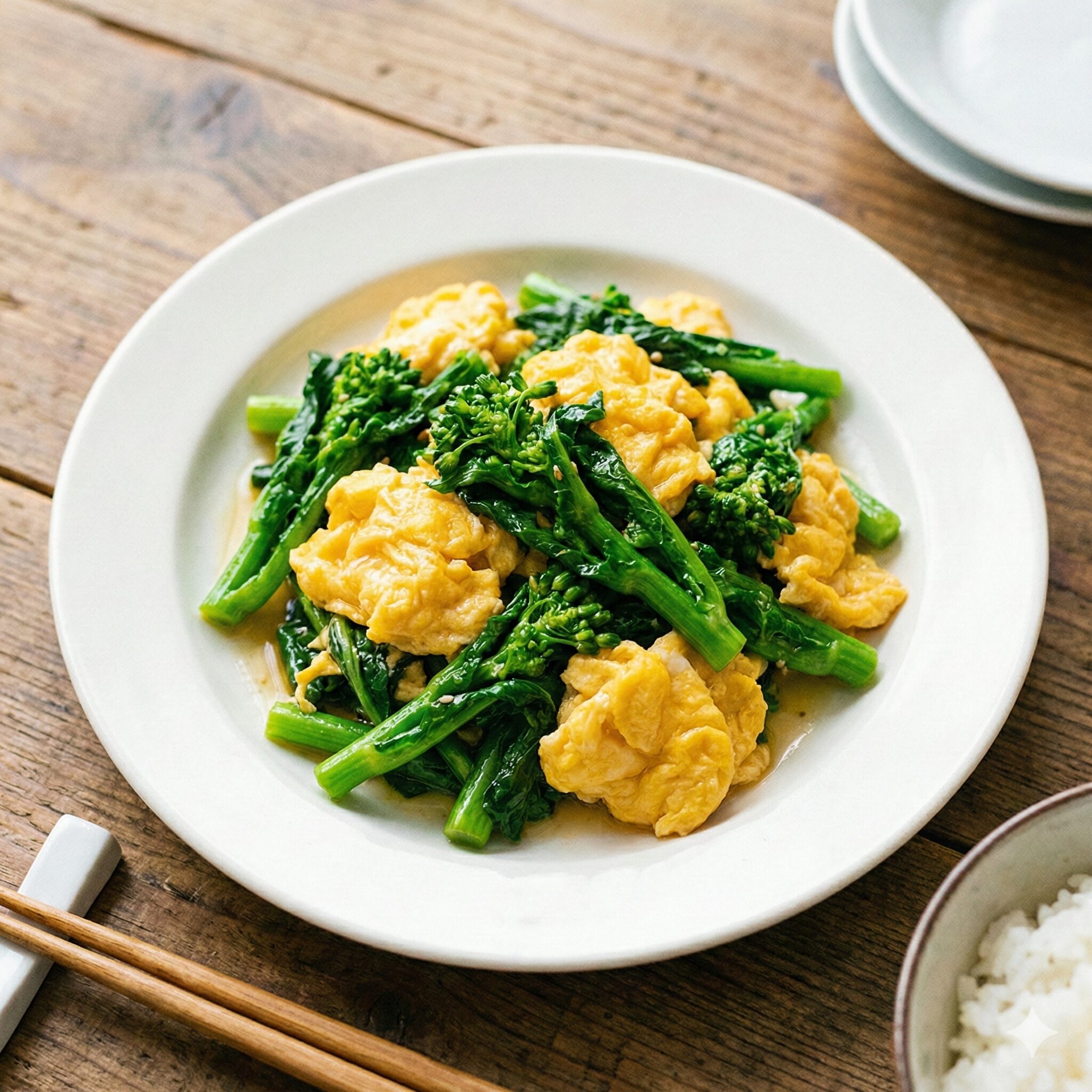 菜の花 レシピ 人気 炒め6　鮮やかな緑色の菜の花とふんわりとした黄色い卵が美しい、彩り豊かな中華風炒め物の完成写真