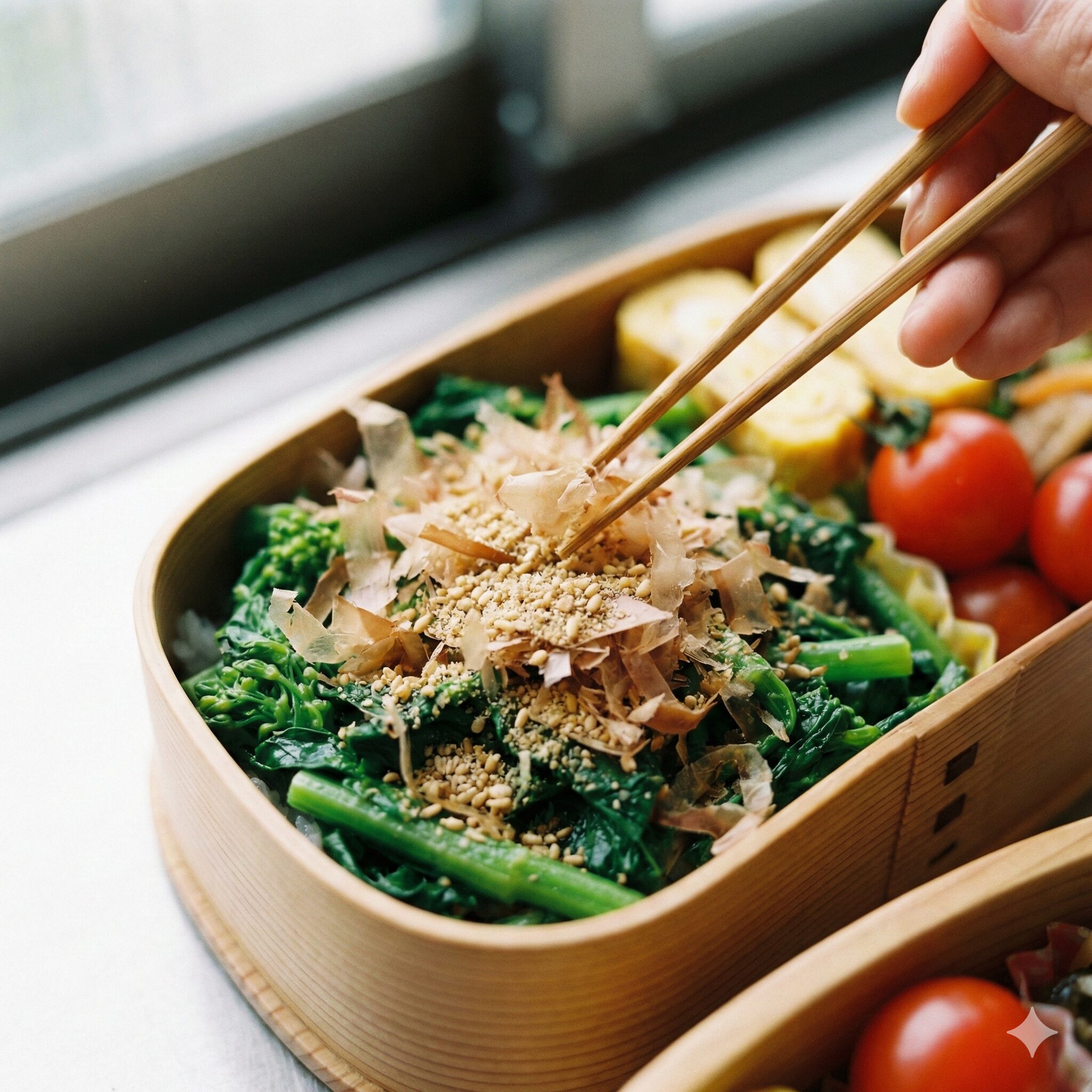 菜の花 レシピ 人気 炒め8　お弁当箱に入れた菜の花の炒め物に、水分吸収のためのかつお節とすりごまをたっぷりと振りかけている様子