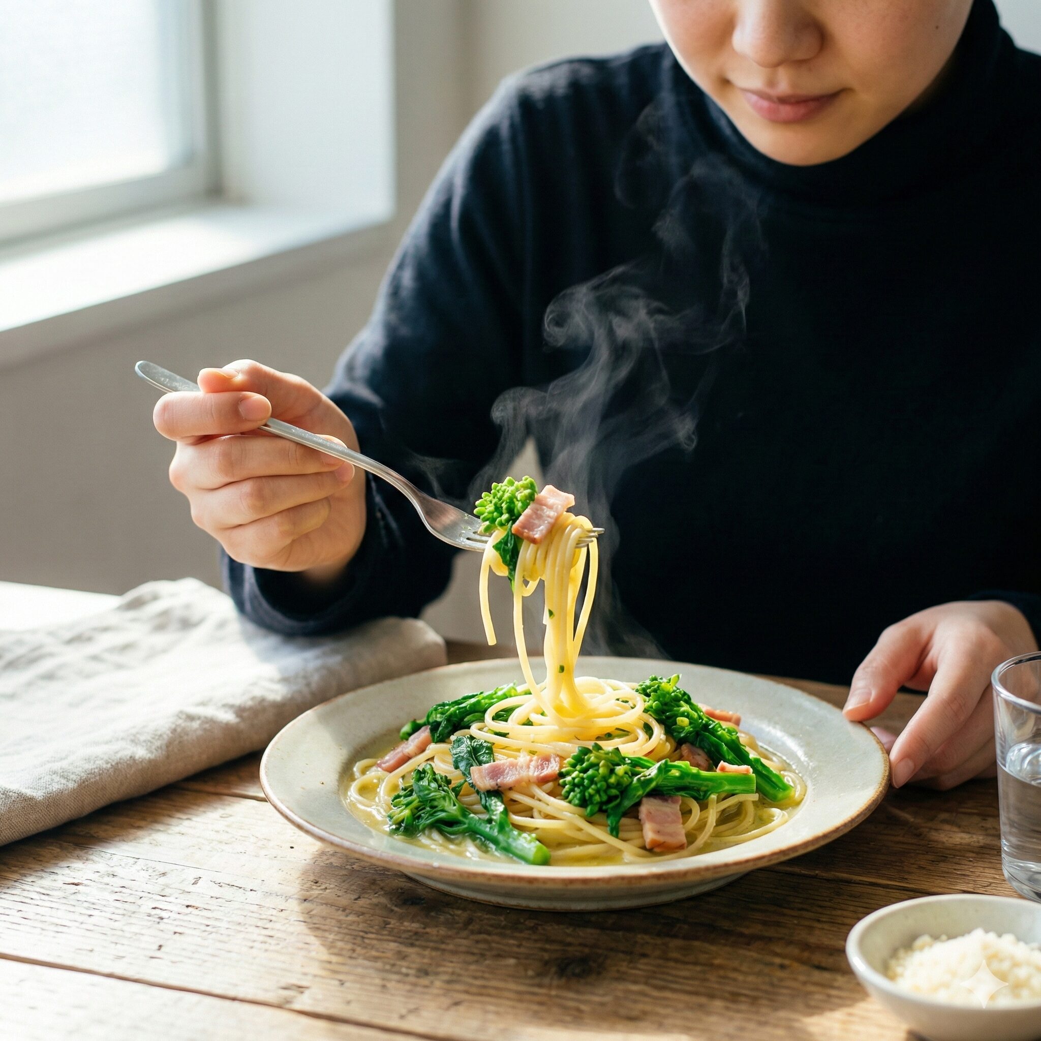 菜の花 レシピ 人気 炒め9　菜の花とベーコンを使った、ソースが乳化して艶やかな春色オイルパスタの完成写真