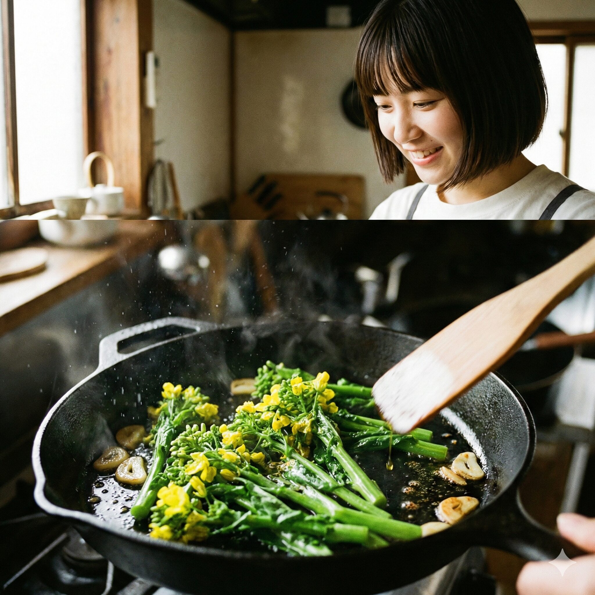 菜の花 レシピ 殿堂入り3　菜の花の苦味を抑えるコツである油でのコーティングを実践した菜の花のガーリック炒め