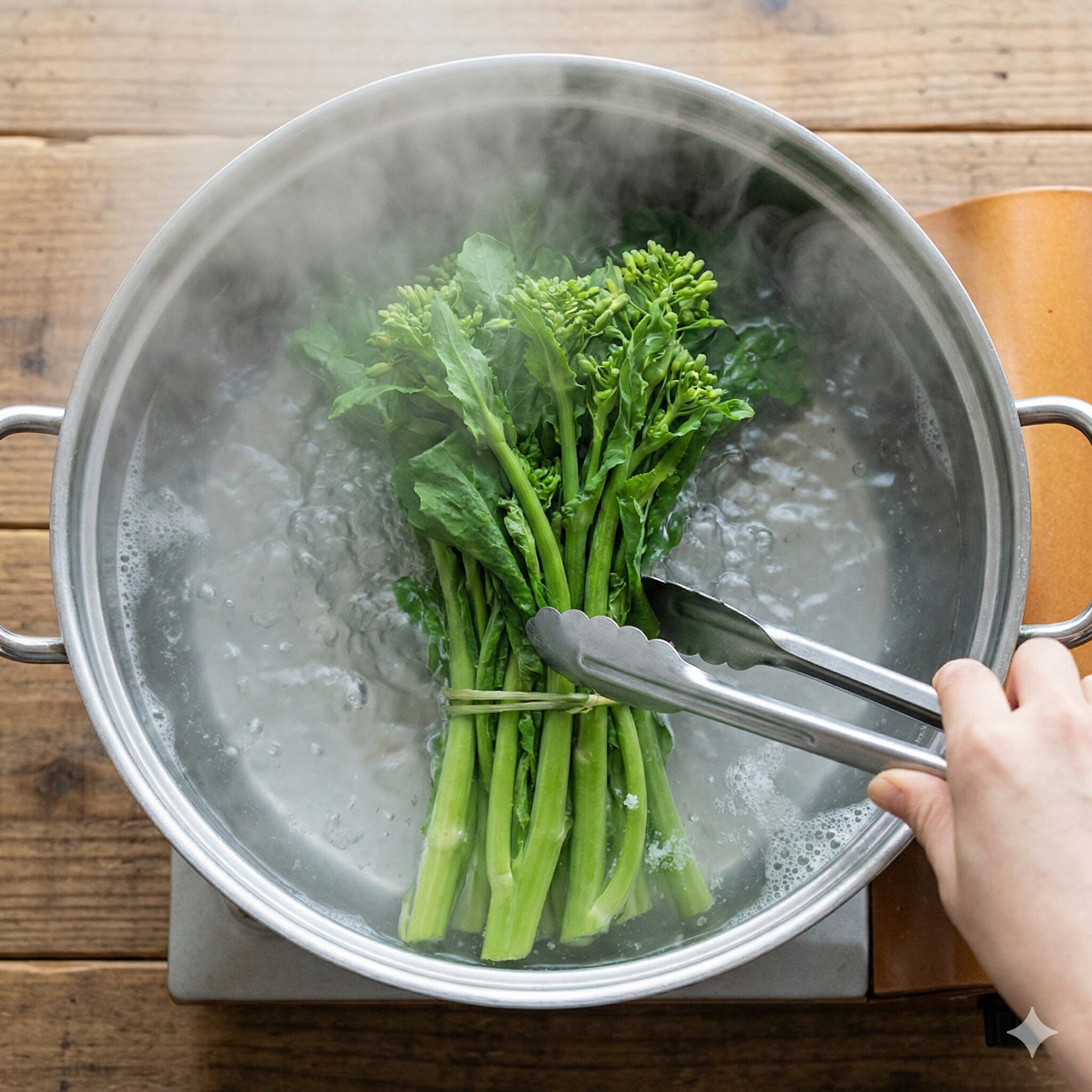 菜の花 レシピ 殿堂入り4　菜の花の失敗しない茹で方のコツである茎の部分からの時間差投入の様子