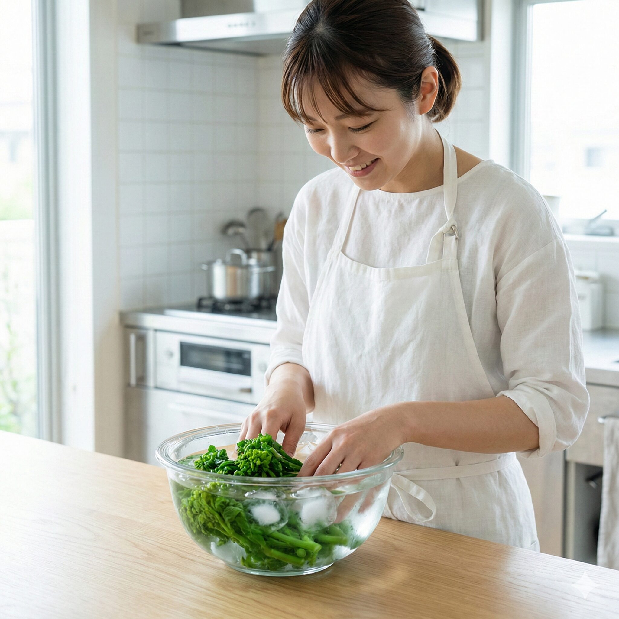 菜の花 レシピ 殿堂入り5　菜の花の色鮮やかな緑色を保つための氷水による急冷（色止め）の工程