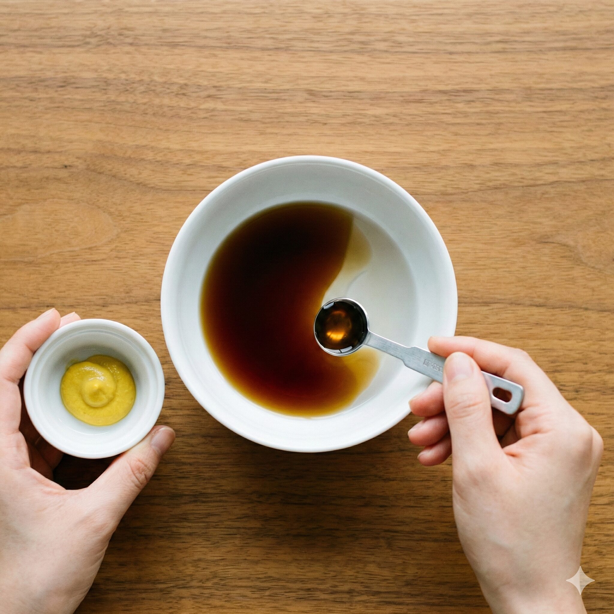 菜の花 辛子和え めんつゆ2　菜の花の辛子和えに最適なめんつゆと水の1対1黄金比の計量。