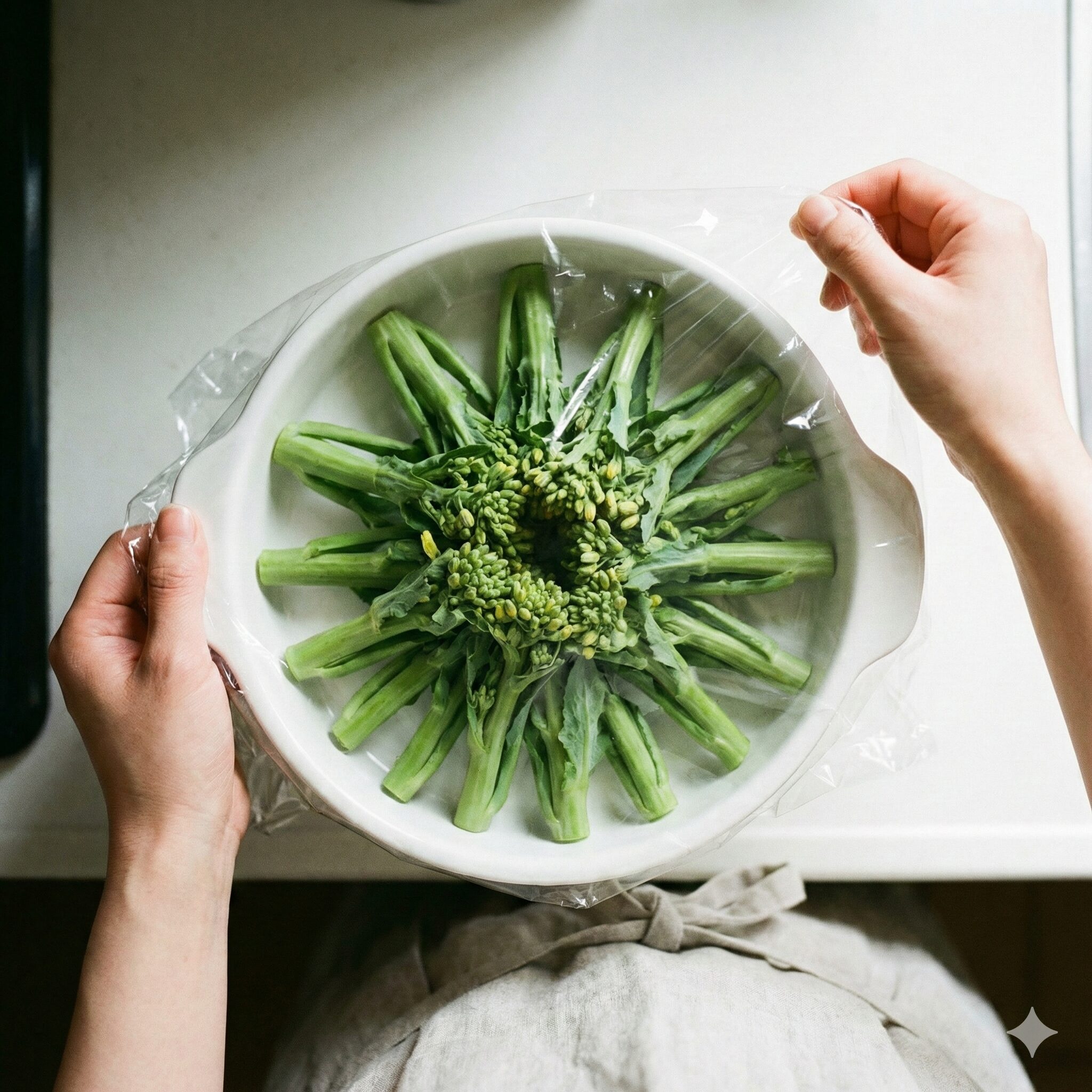 菜の花 辛子和え めんつゆ3　電子レンジ加熱でムラを防ぐための菜の花の並べ方。茎を外側に、蕾を中央に配置。