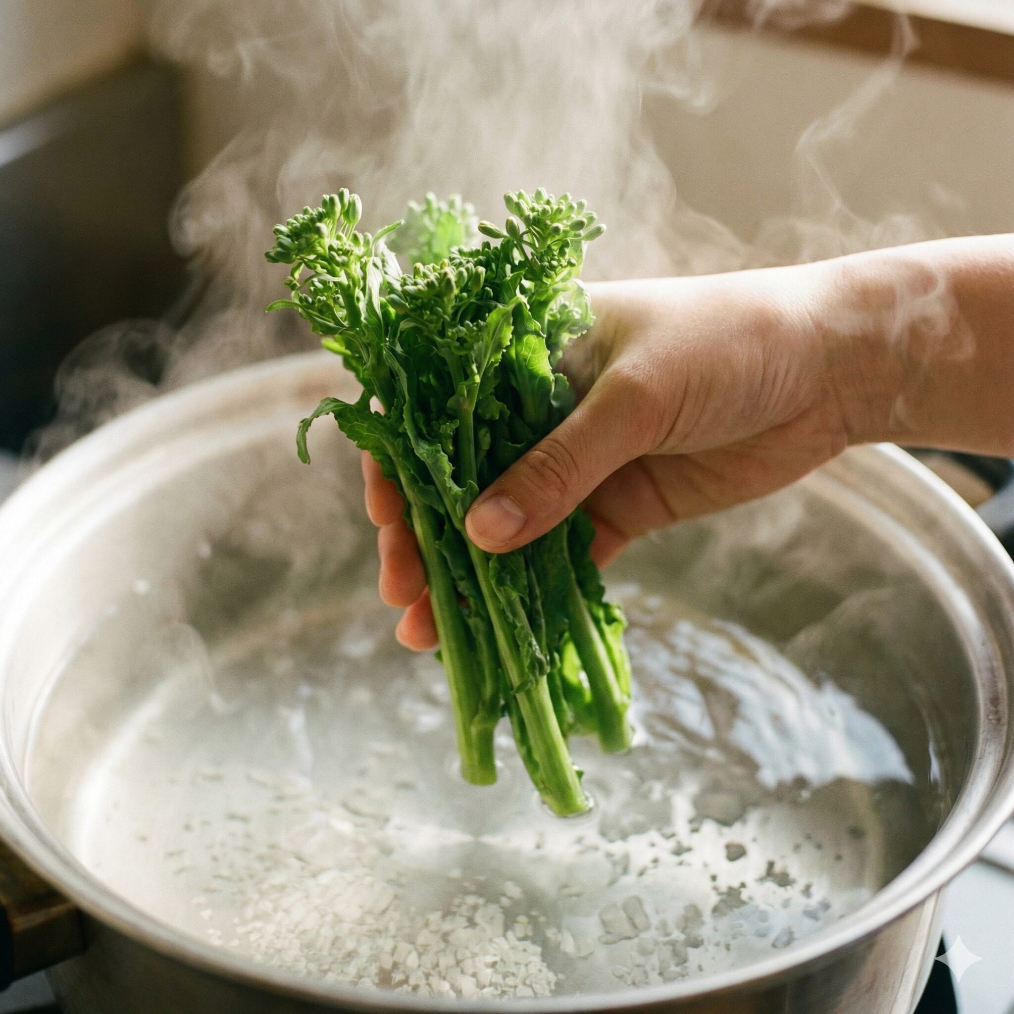 菜の花 辛子和え めんつゆ4　菜の花を茹でる際、硬い茎から先に茹でる時差投入の様子。