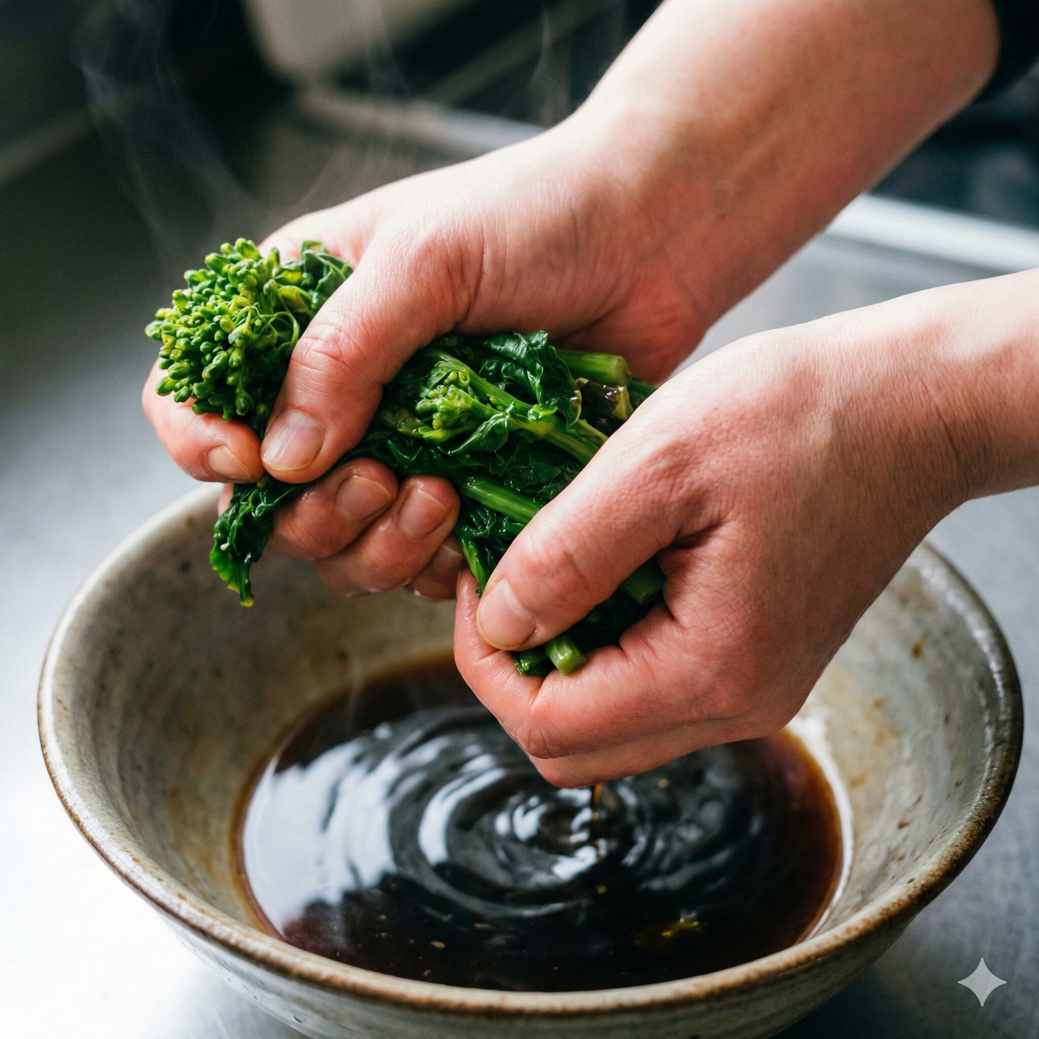 菜の花 辛子和え めんつゆ6　菜の花の辛子和えが水っぽくなるのを防ぐプロの技「醤油洗い」の工程。