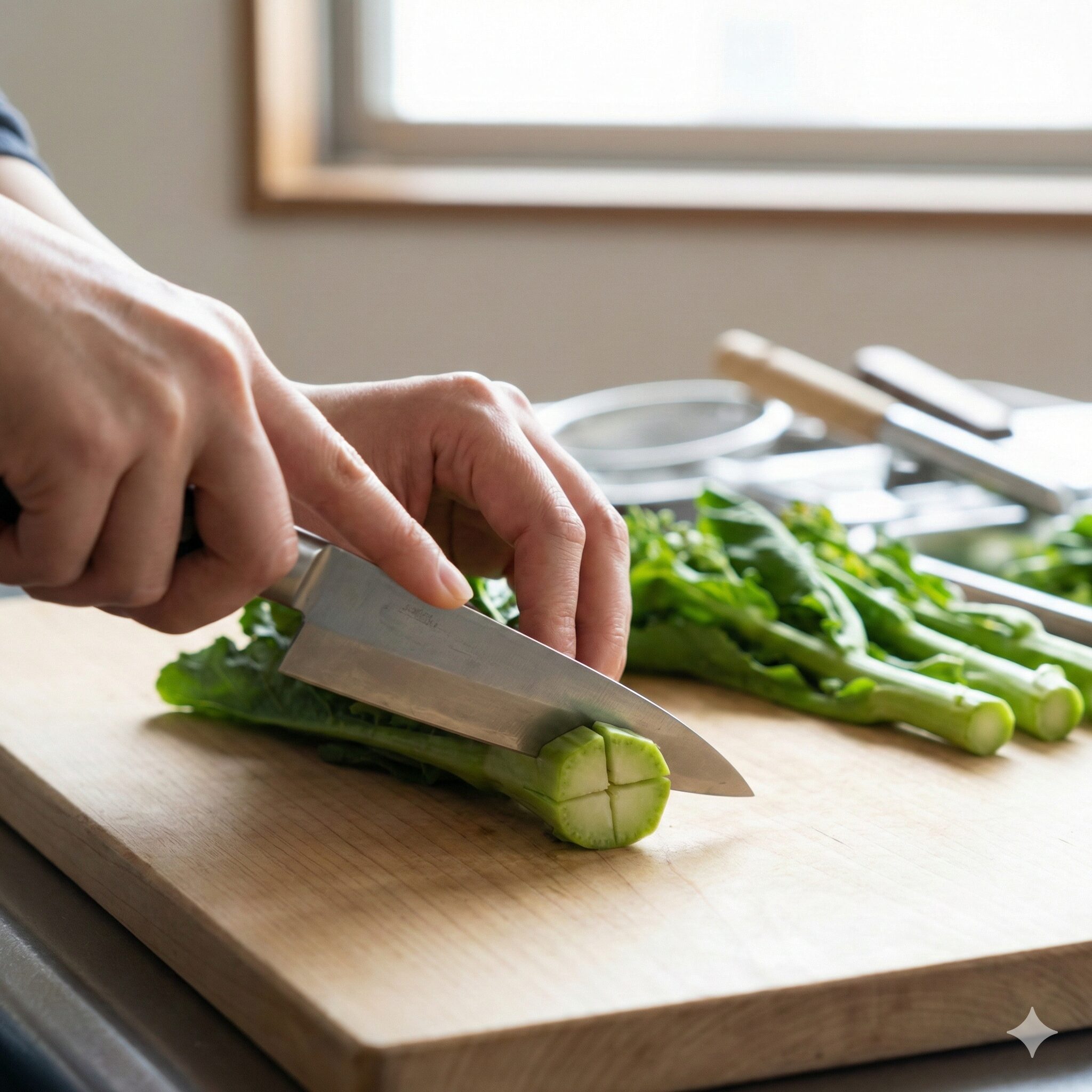 菜の花 辛子和え めんつゆ7　菜の花の太い茎に十字の隠し包丁を入れて火の通りを均一にする下処理。