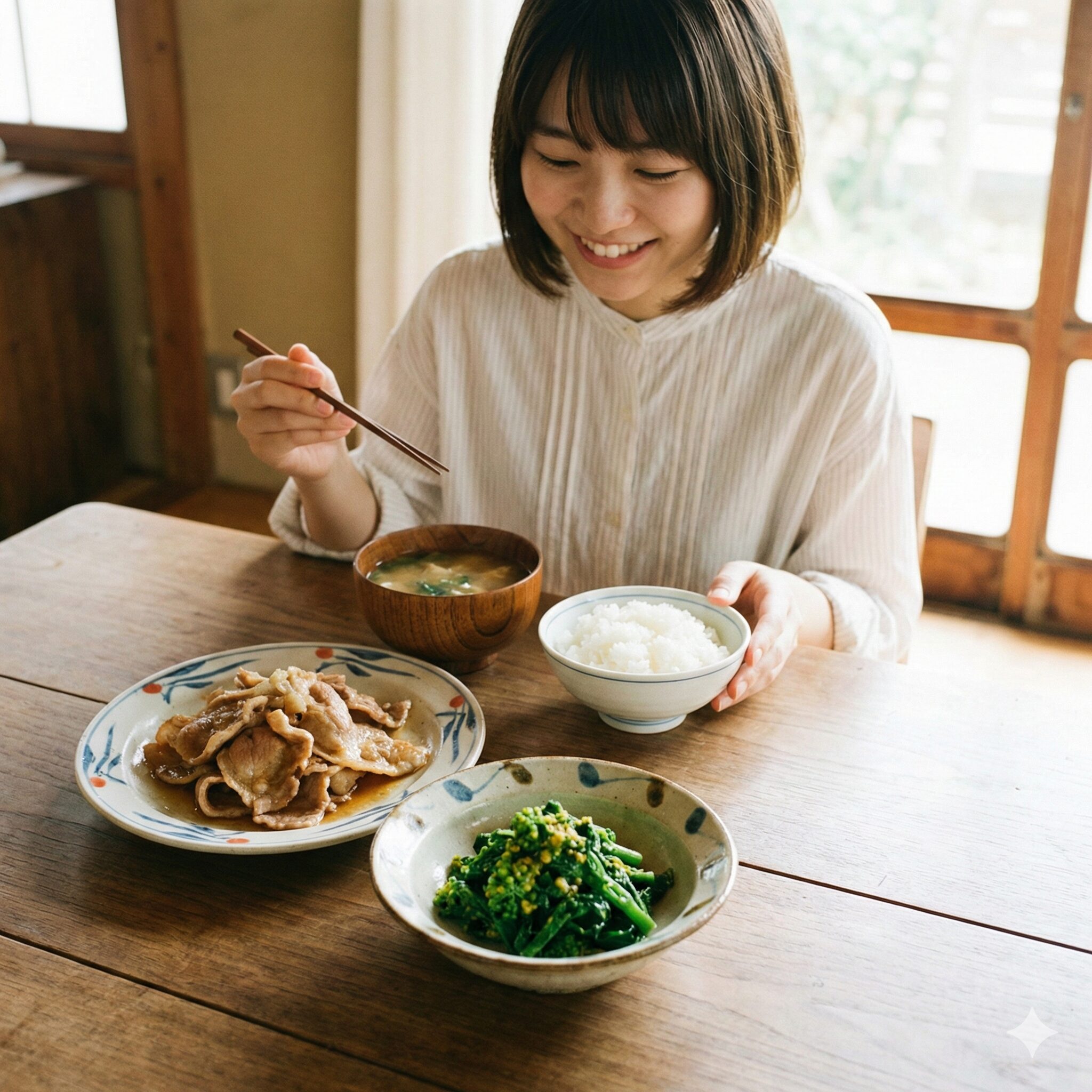 菜の花 辛子和え めんつゆ9　豚の生姜焼きと菜の花の辛子和えを組み合わせた栄養バランスの良い春の献立。