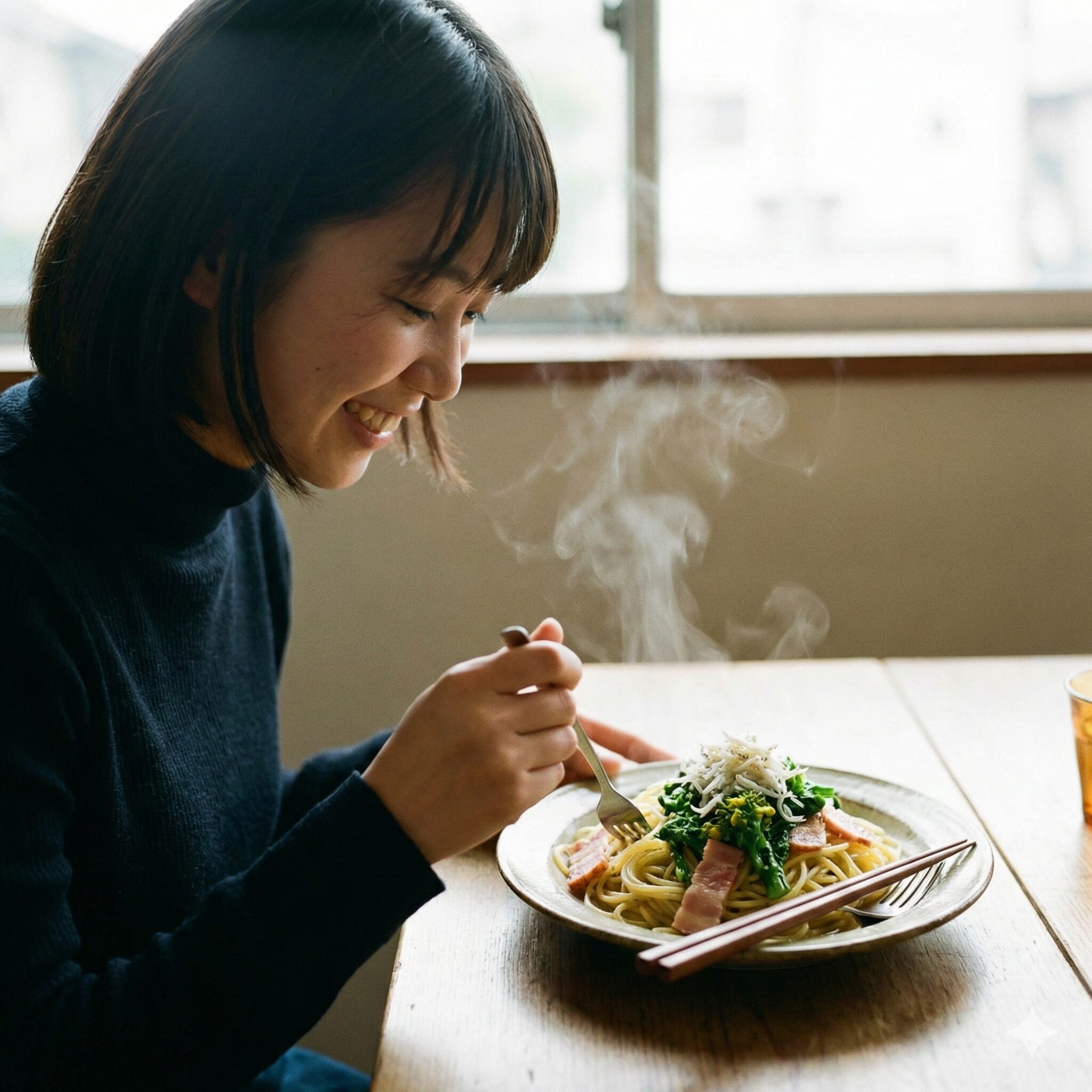 菜の花 辛子和え 白だし10　菜の花の辛子和えを使った和風パスタ。余った時のアレンジレシピ。