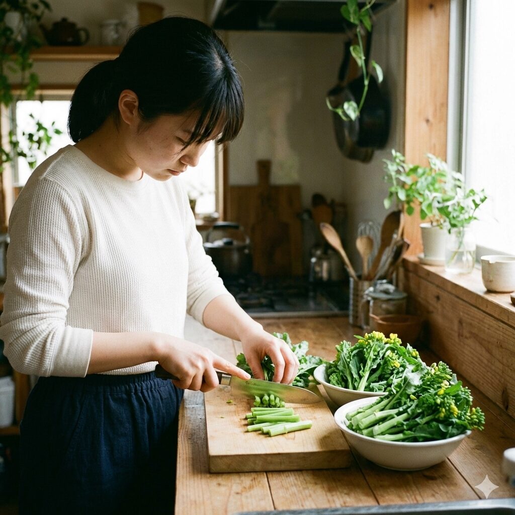 菜の花 辛子和え 白だし2　菜の花の下処理。茎と葉・蕾を分けている様子。