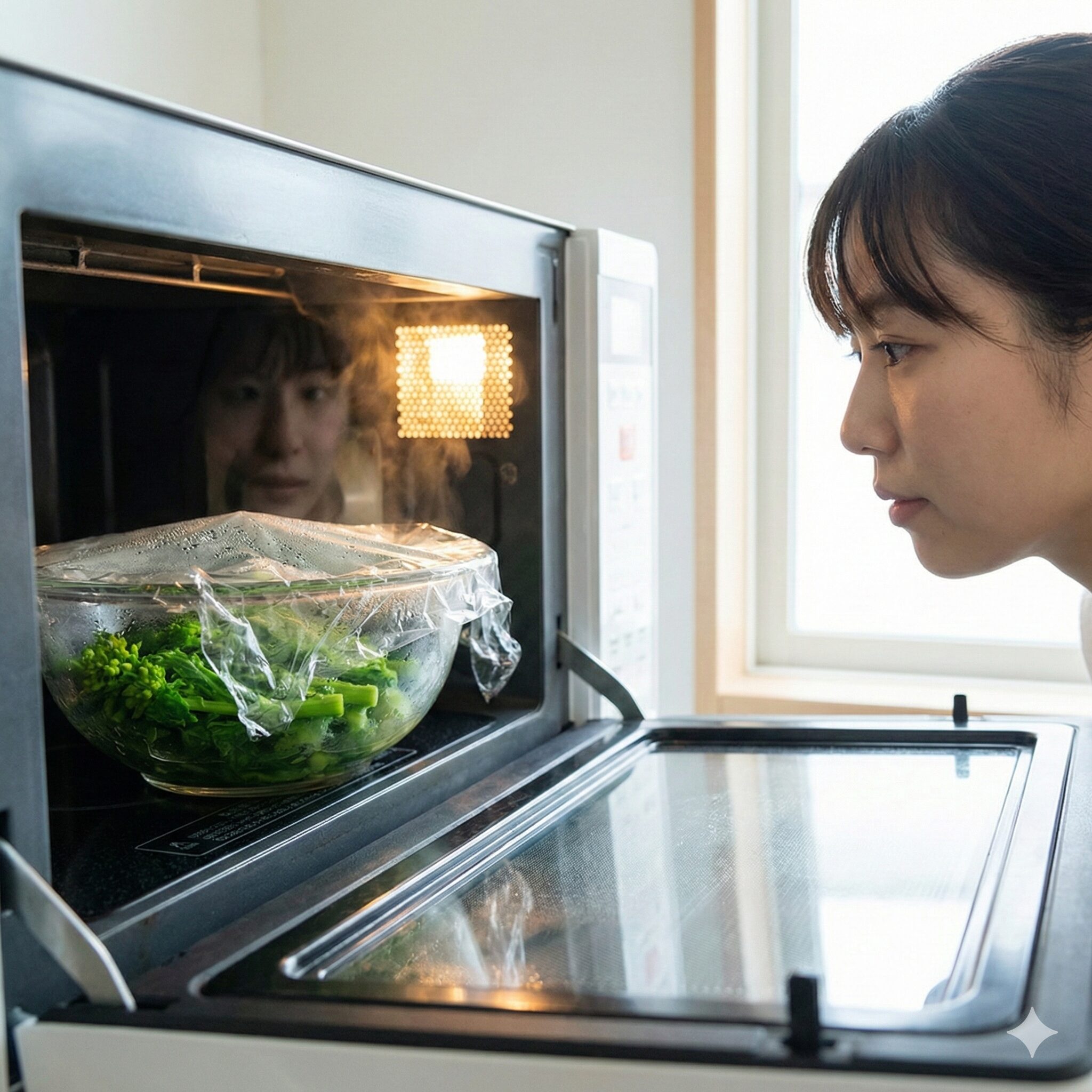 菜の花 辛子和え 白だし4　電子レンジを使って菜の花を加熱している様子。時短テクニックの紹介。