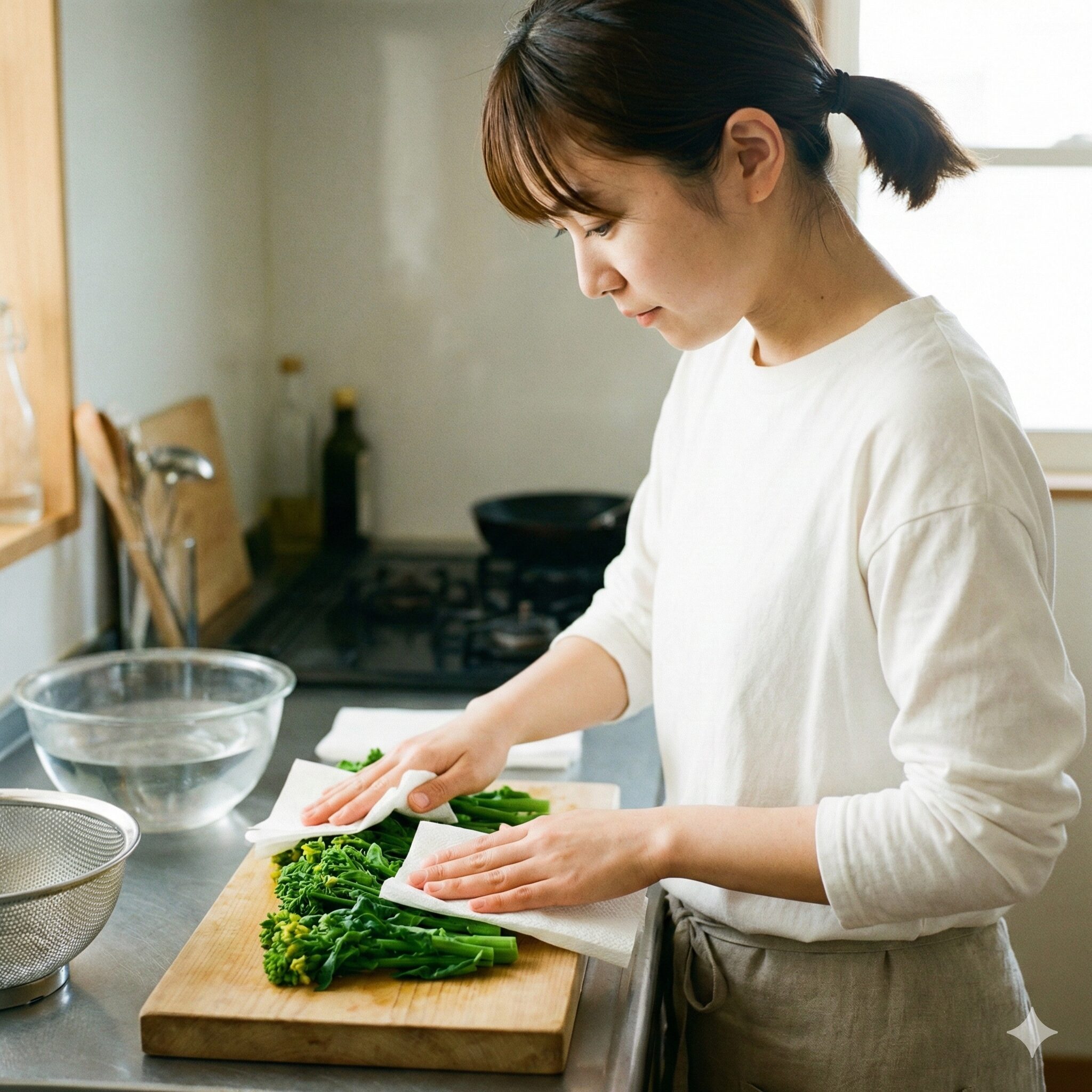 菜の花 辛子和え 白だし5　色止め後、キッチンペーパーで菜の花の水気を拭き取っている様子。