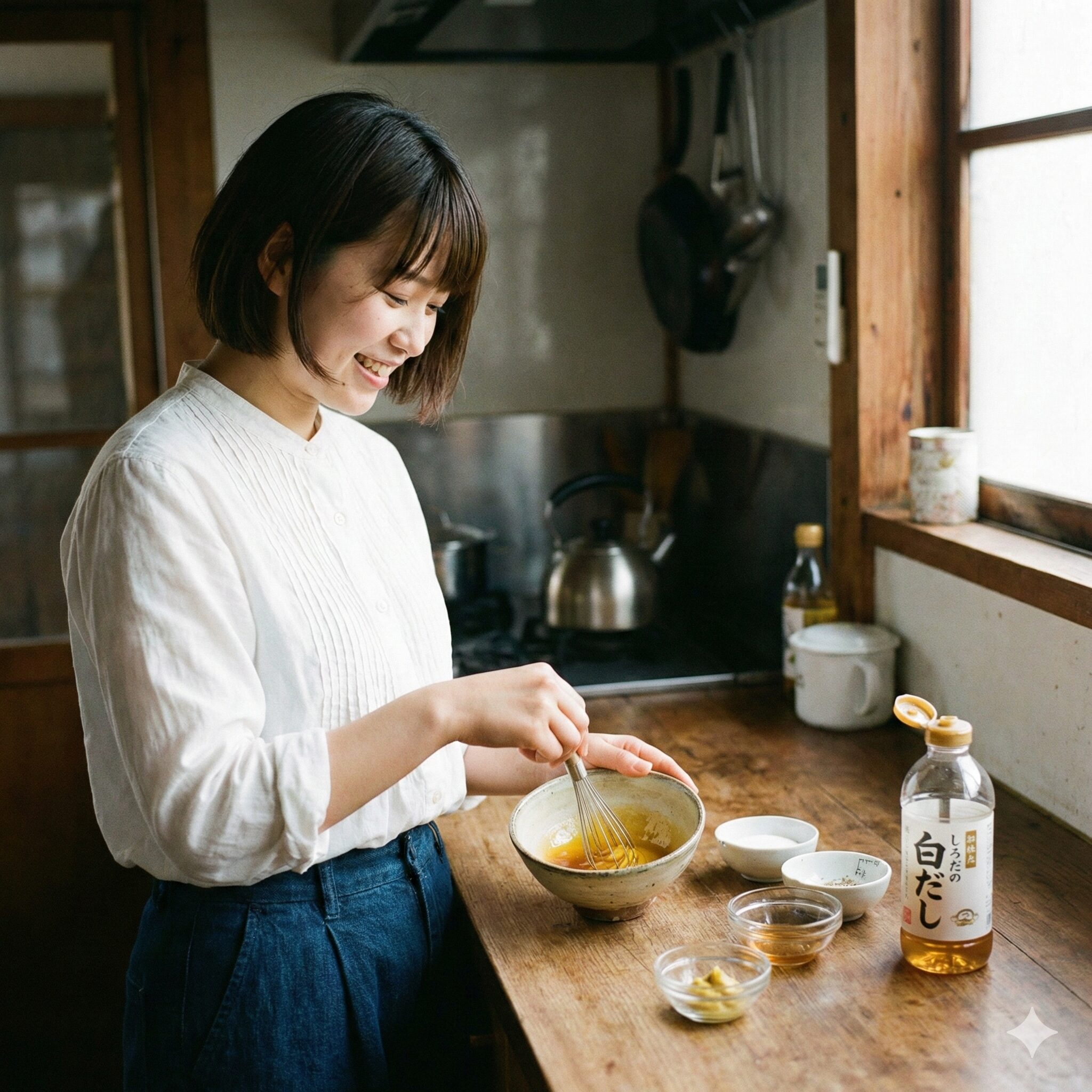 菜の花 辛子和え 白だし6　白だしと辛子を混ぜ合わせて、菜の花の辛子和えの調味料を作っている様子。